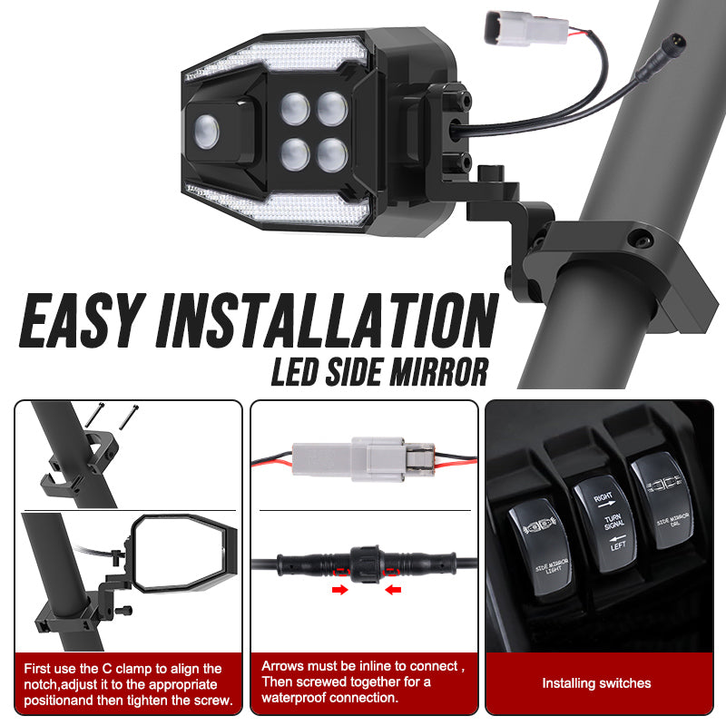 Upgraded Side Mirror Light for ATV UTV fit 1.5-2.5 inch roll cage - OHMU
