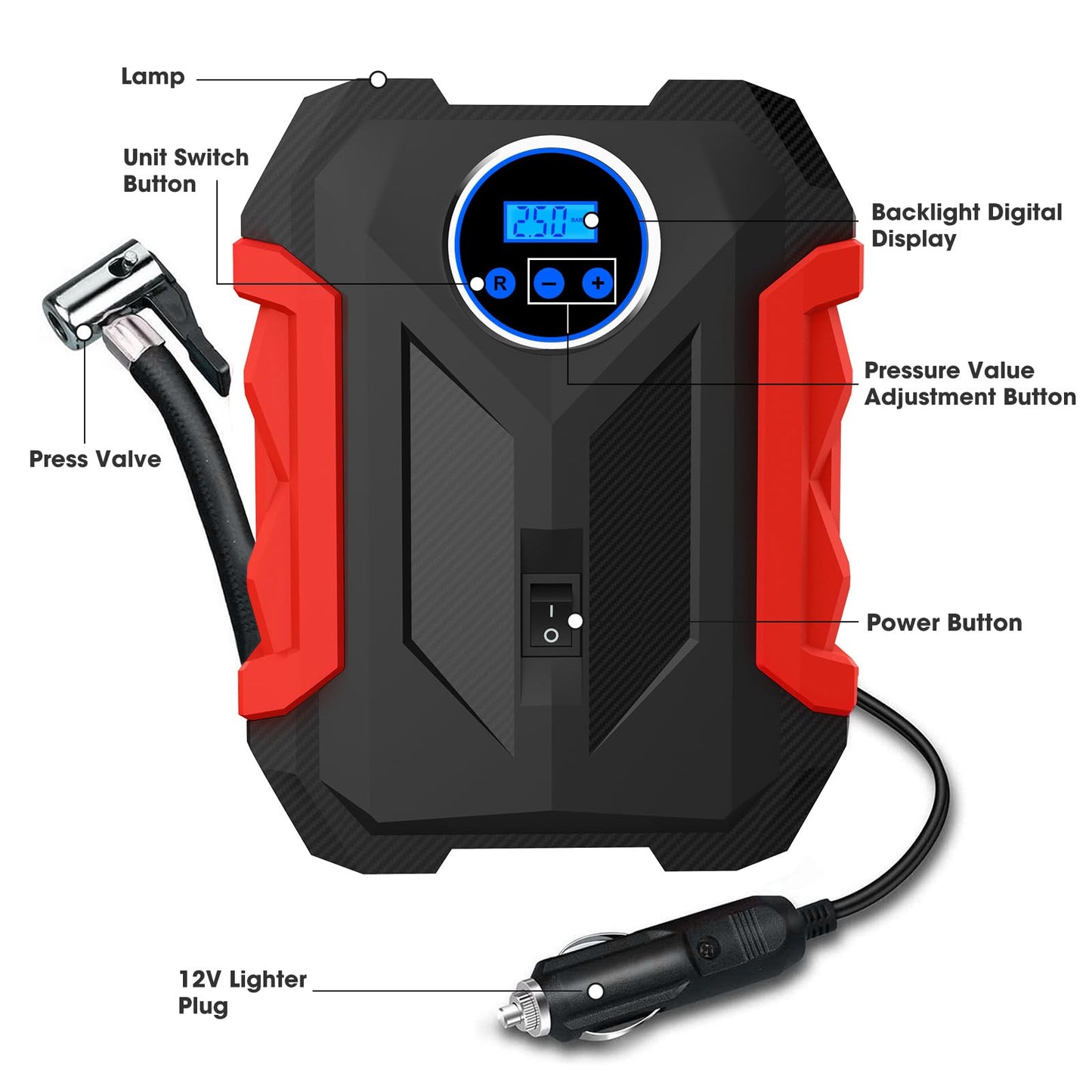 12V Portable Digital Tire Inflator with LED Light - Car Auto Air Compressor