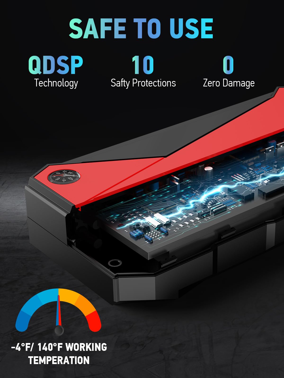 Peak 3000A Jump Starter - 18000mAh for 8.0L Gas/6.0L Diesel, LCD/Compass/LED (Black/Red)