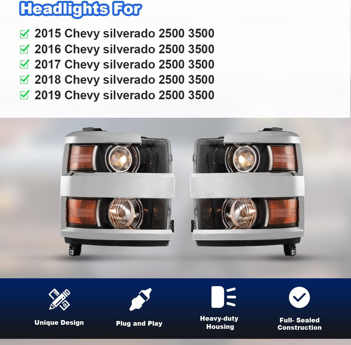 Headlights Assembly for 2015 2016 2017 2018 2019 Chevy Silverado 2500 3500 (Chrome or Black) - OHMU
