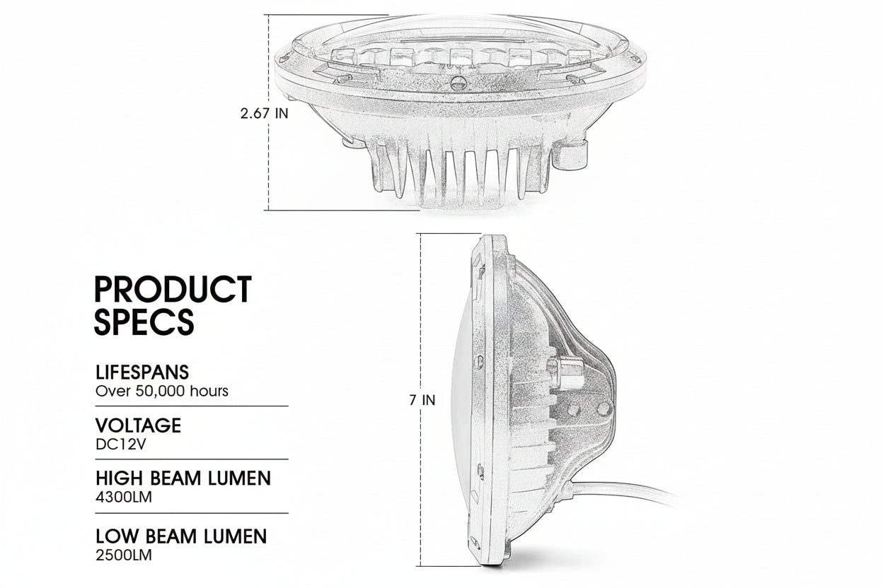 105W 7" LED Headlights - DOT Approved with Hi/Lo/DRL/Signals, Includes Adapters