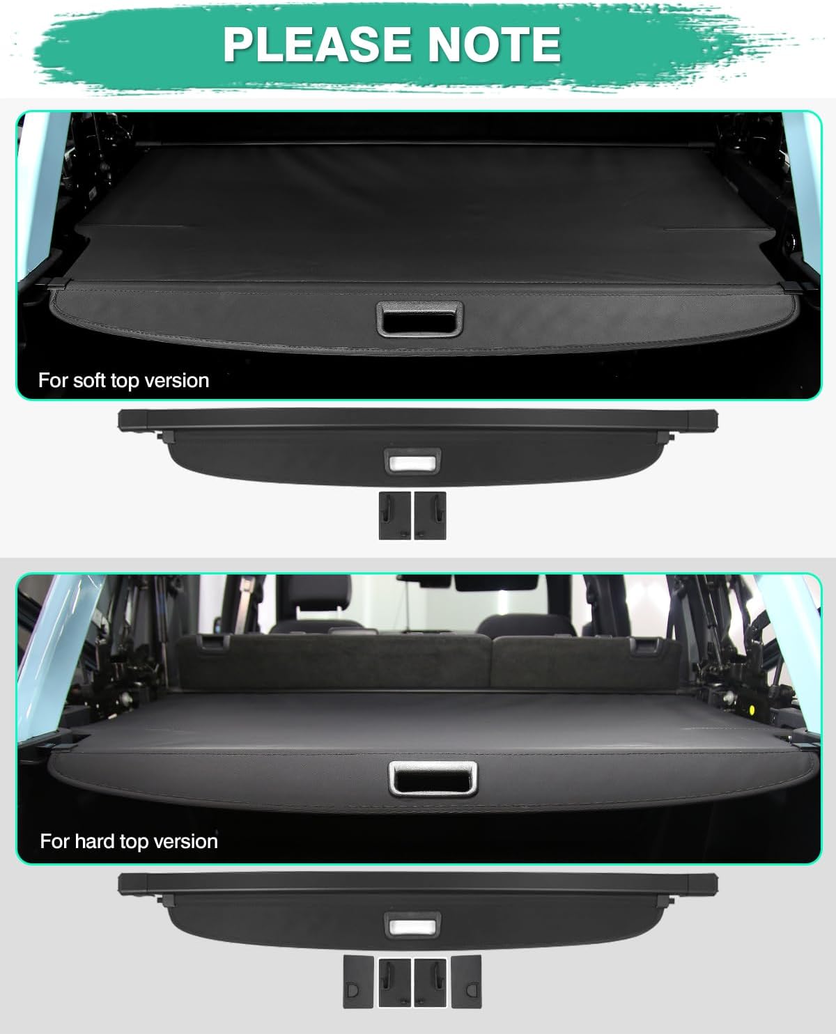 Powerty Cargo Cover for Ford Bronco 4-Door Soft Hard TOP 2021-2024 2025 Accessories Trunk Cover Retractable Trunk Cover Security Shielding Shade Punch-Free (Not for Bronco Sport)