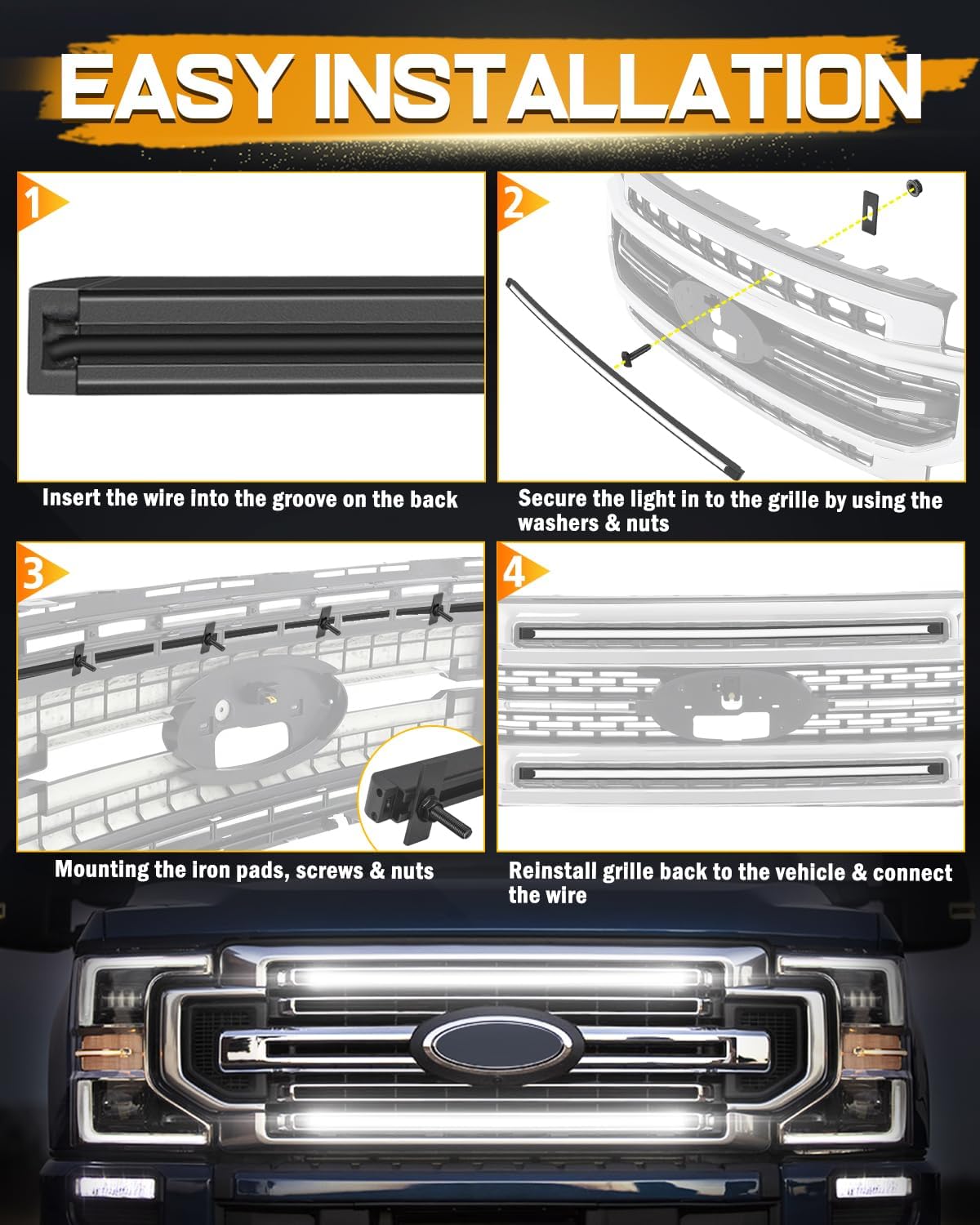 LED Grille Lights for Ford, Niking Auto 2Pcs 37'' DRL Front Grille Accent Curved Bar Light Kits for 2017-2022 Ford F250/ F350 Super Duty Truck LED Neon Grille Lights 12V