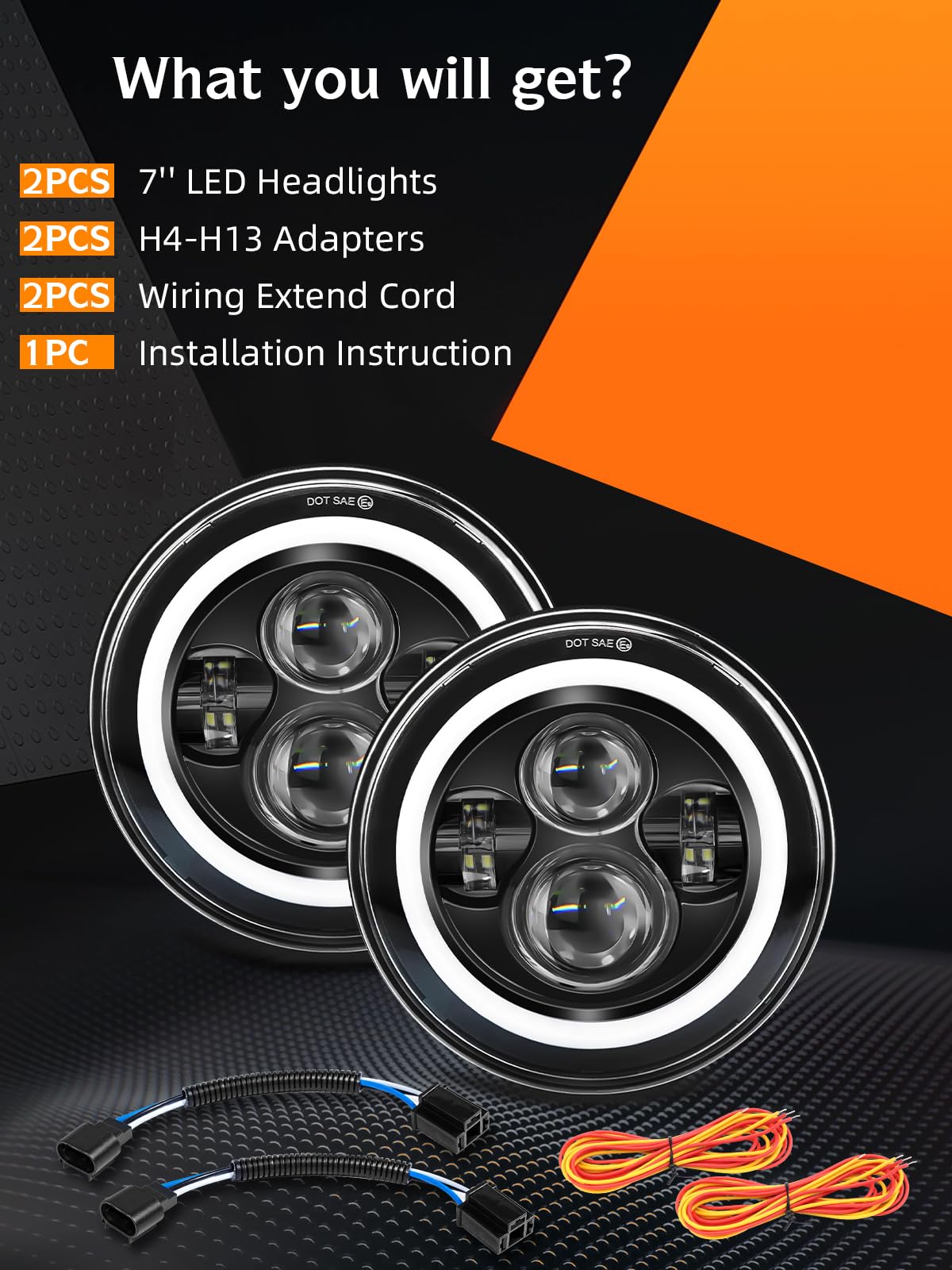 2PCS Black 7" LED Headlights - DOT Approved, H6024 Fit with DRL & Signals