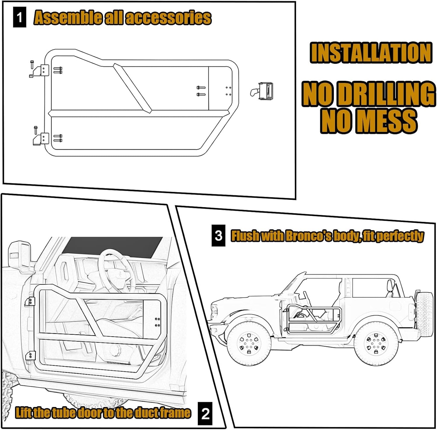 2PCS Tube Doors Front Doors for Ford Bronco 2-Door 2021 - 2024 Accessories - OHMU