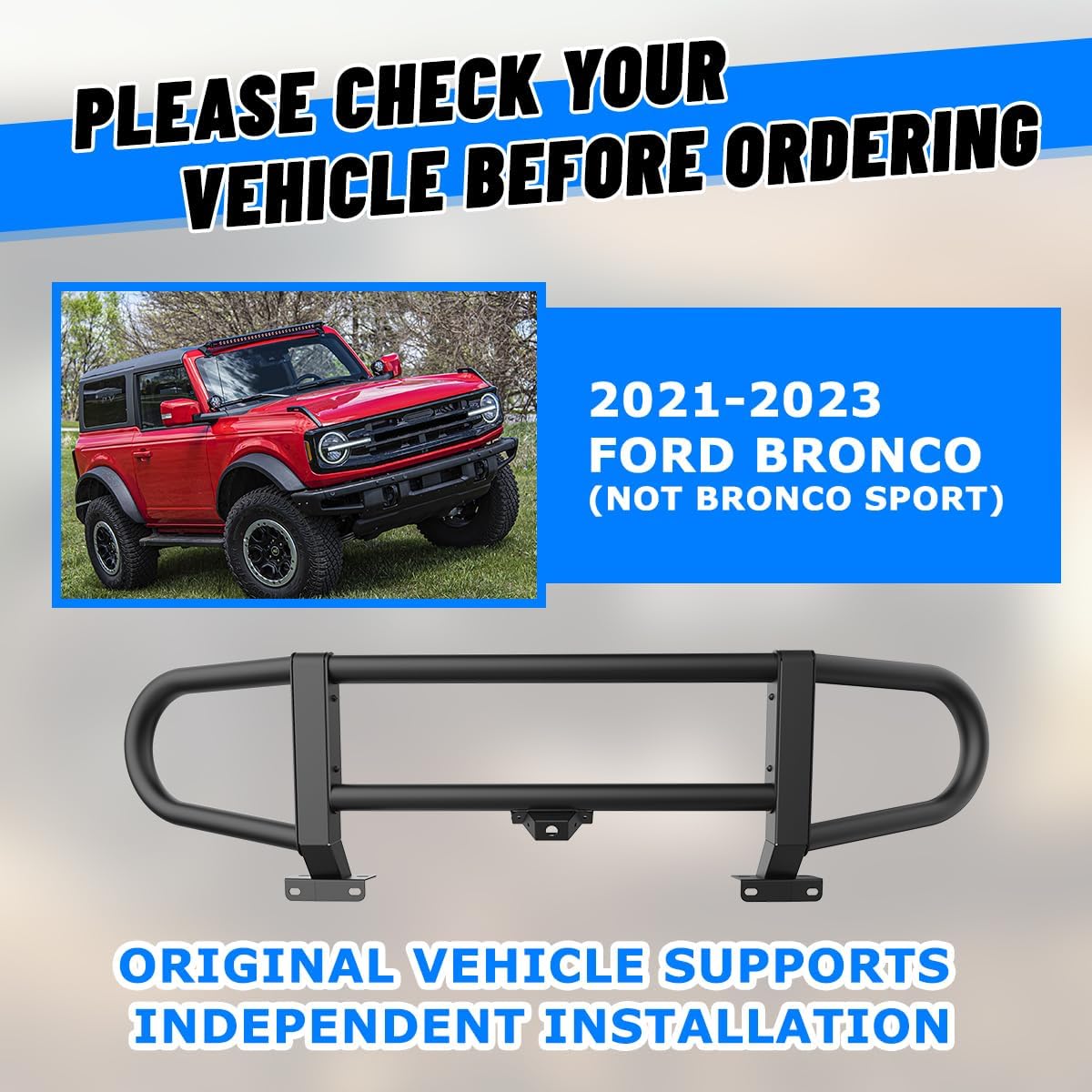 Front Bumper Bull Bar For Ford Bronco 2025 2024 2023 2022 2021 (Not fit Bronco Sports Version),Steel Bull bar bumper guard Off Road Grill Guard Black For Bronco Accessories (Bull Bar, 3D)