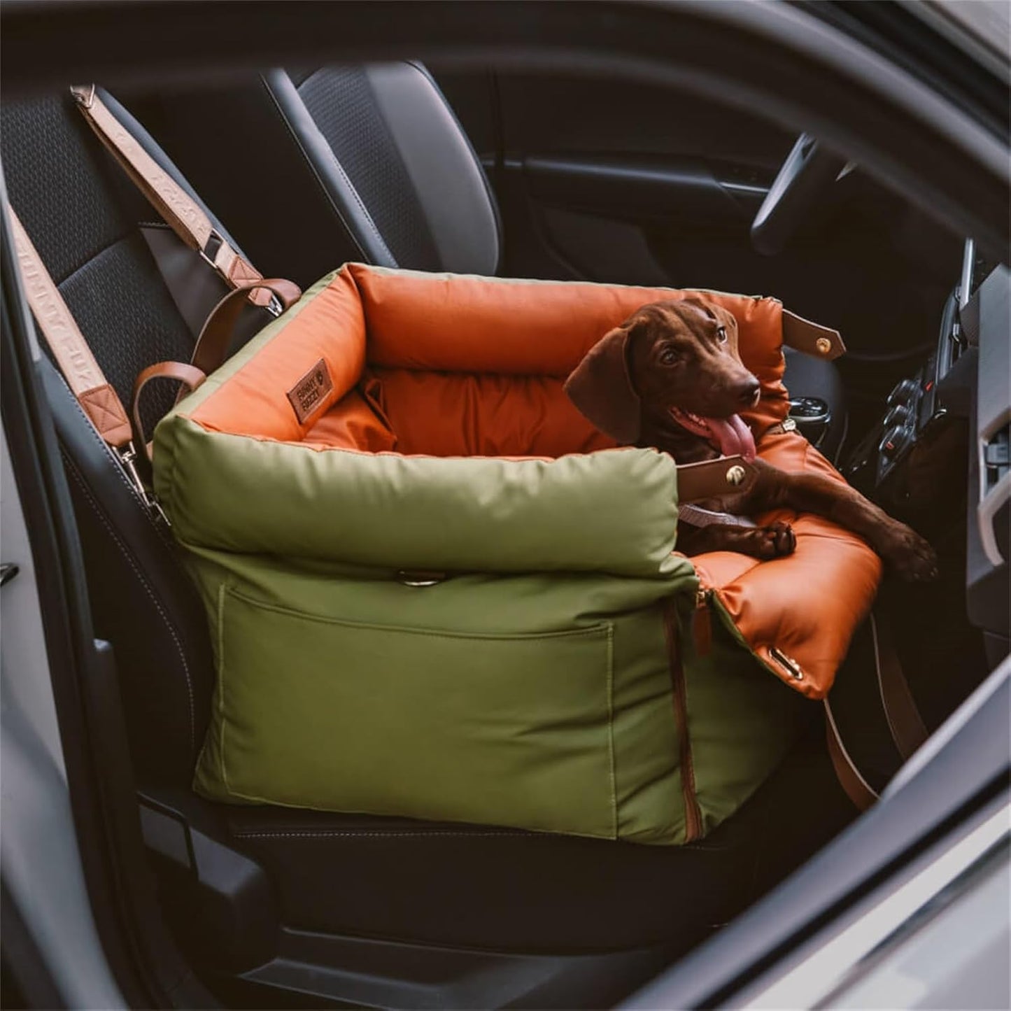 FUNNYFUZZY Leather Dog Car Seat for Small & Medium Sized Dogs Up to 35lbs, Waterproof and Washable Dog Booster Seat Car Bed for Travel and Home,Portable and Safety(Green)