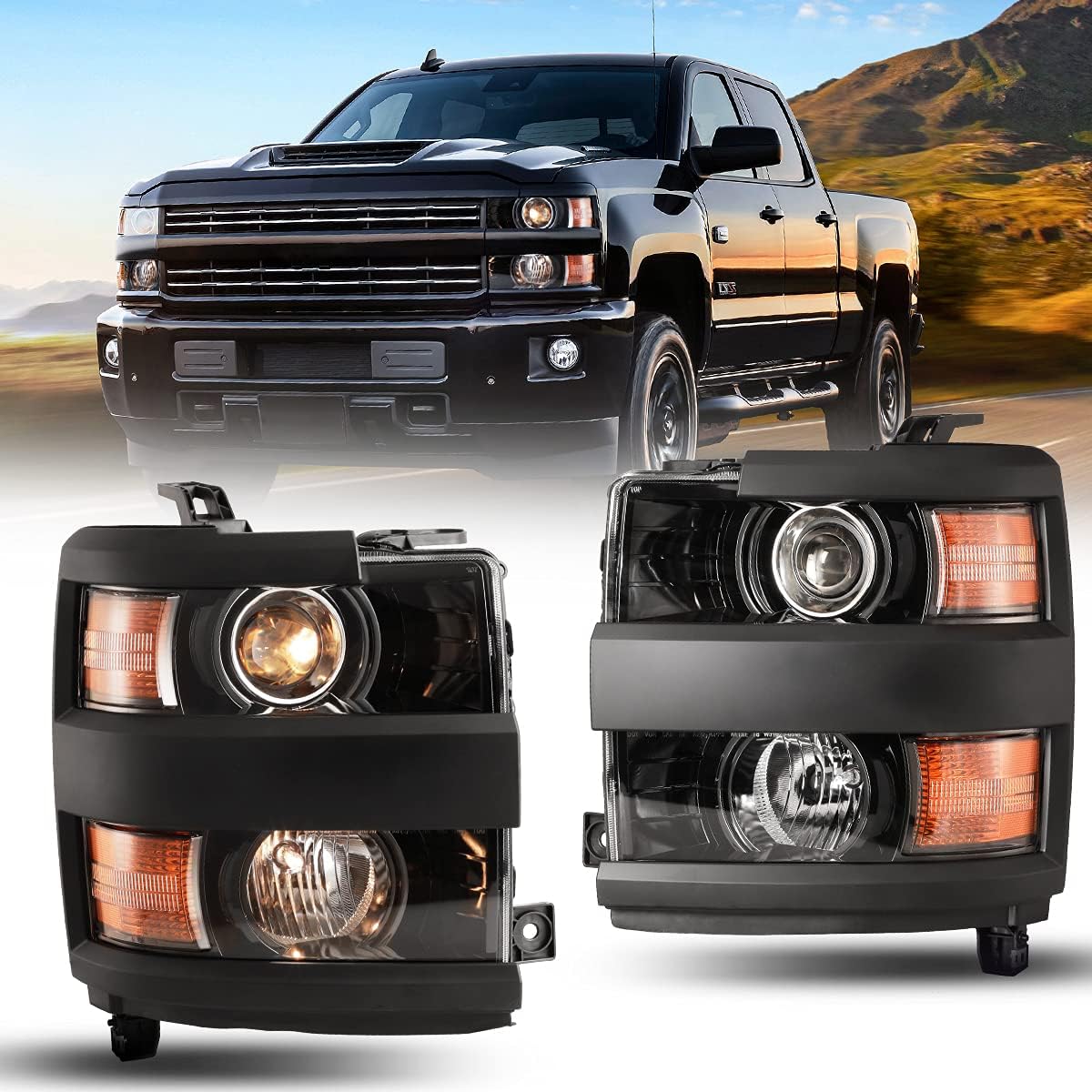 Headlights Assembly for 2015 2016 2017 2018 2019 Chevy Silverado 2500 3500 (Chrome or Black) - OHMU