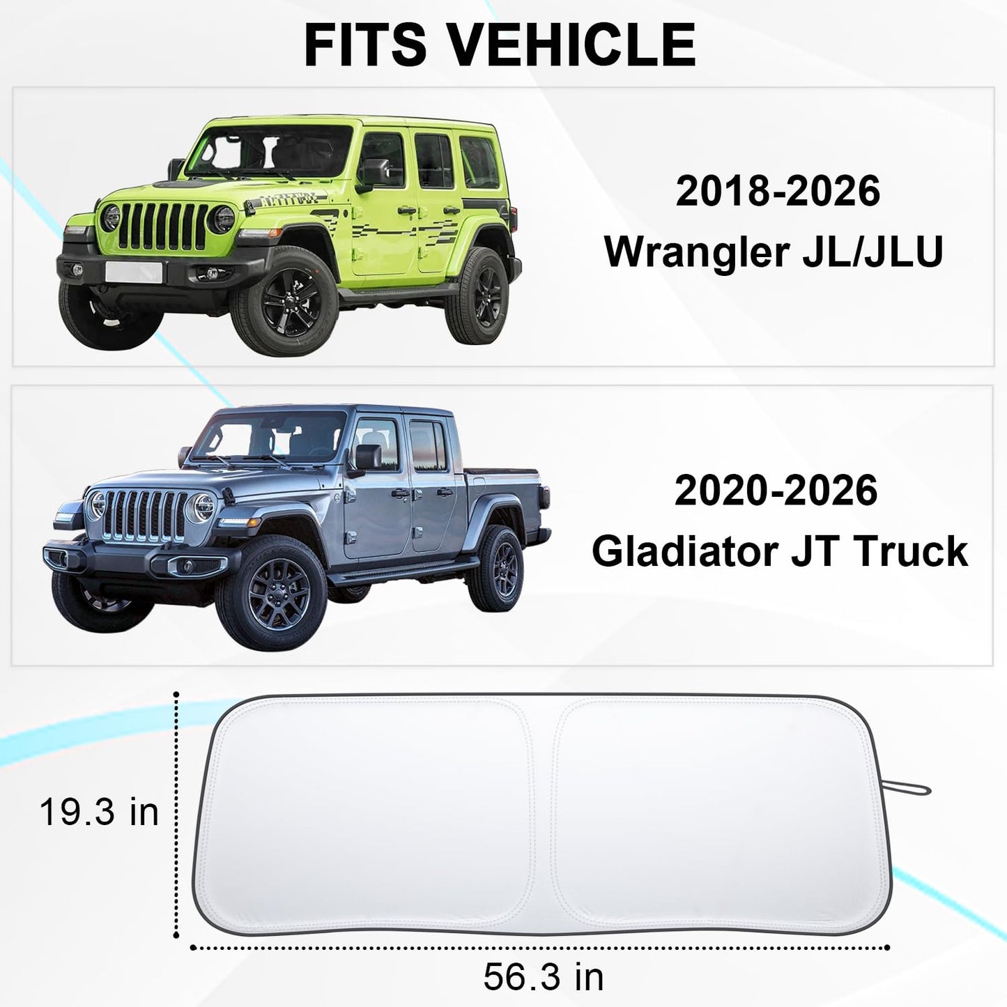Premium Reflective Sun Shade for 2018-2026 Jeep Wrangler JL & Gladiator with Pouch