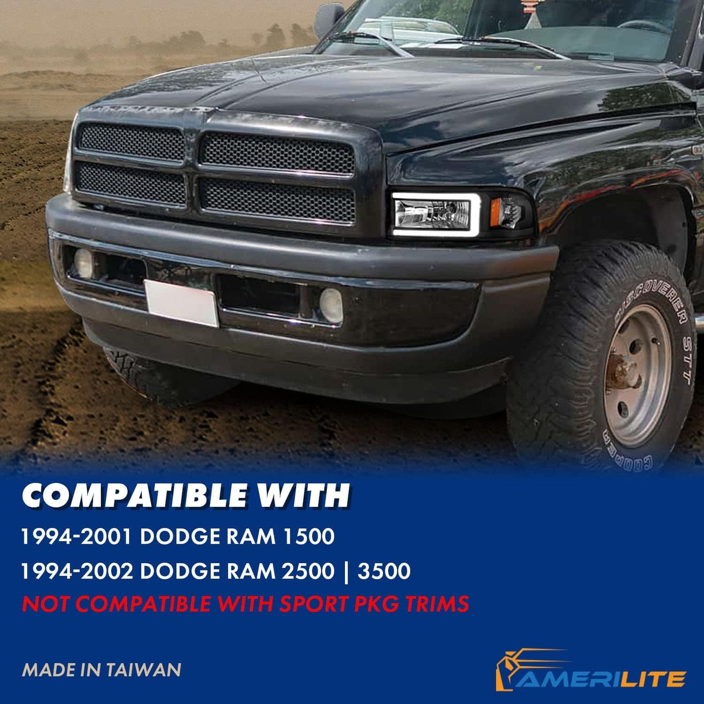 AmeriLite 1994-2001 Dodge Ram 1500 2500 3500 HD C-Type LED Tube Black 1pc Replacement Headlights Set - Passenger and Driver Side