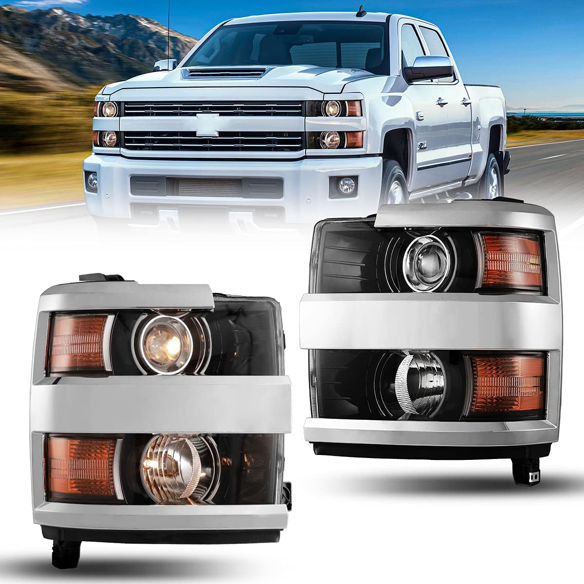 Headlights Assembly for 2015 2016 2017 2018 2019 Chevy Silverado 2500 3500 (Chrome or Black) - OHMU