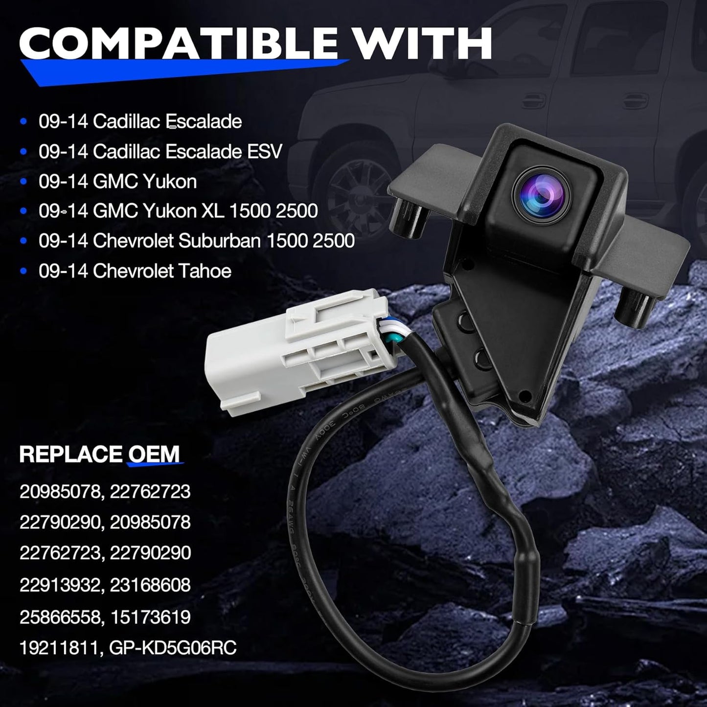 Backup Camera, Compatible with 2009-14 Cadillac Escalade ESV Chevy Tahoe Suburban GMC Yukon XL 1500 2500 Reversing Parking Cameras, Replace 22913932 19211811 22790290 22762723