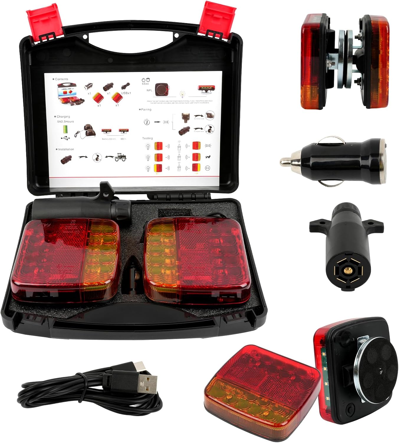 Magnetic Wireless LED Trailer Tail Light Kit: Amber/Red, IP65 Waterproof, 12V