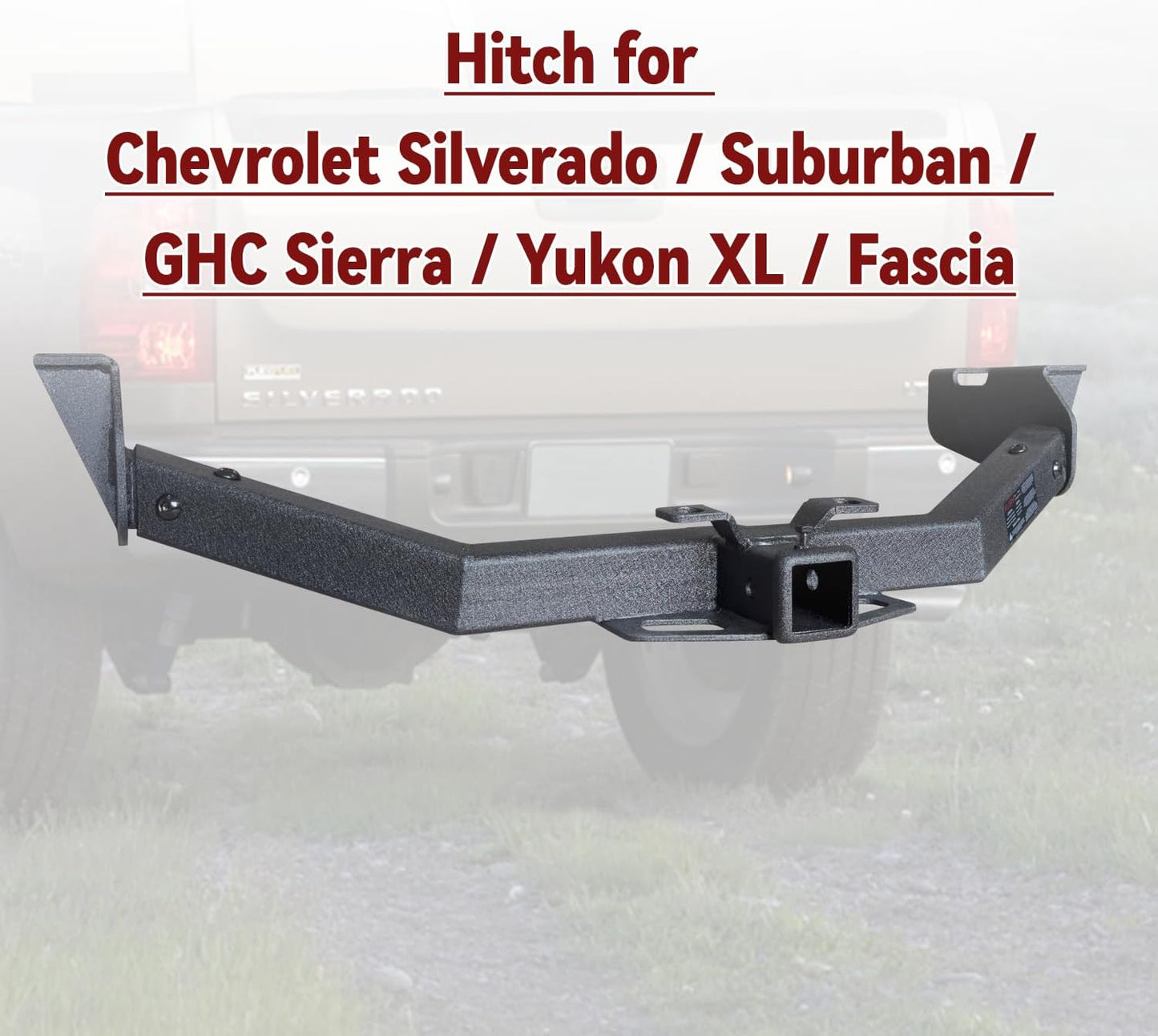 Trailer Hitch Black Steel Compatible with 99 00 01 02 03 04 05 06 07 08 09 10 11 12 13 Chevrolet Silverado 1500 2500 3500 and GMC Sierra 1500 2500 3500 w/2” Hitch Receiver