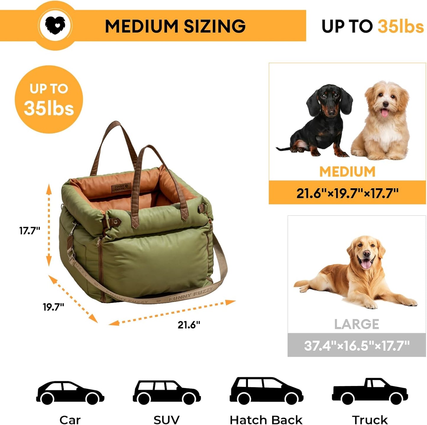 FUNNYFUZZY Leather Dog Car Seat for Small & Medium Sized Dogs Up to 35lbs, Waterproof and Washable Dog Booster Seat Car Bed for Travel and Home,Portable and Safety(Green)