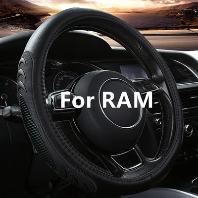 Leather Steering Wheel Cover for 15.5"-16" Dodge Ram 1500/2500/3500 - Anti-Slip Massage Grip (Black)