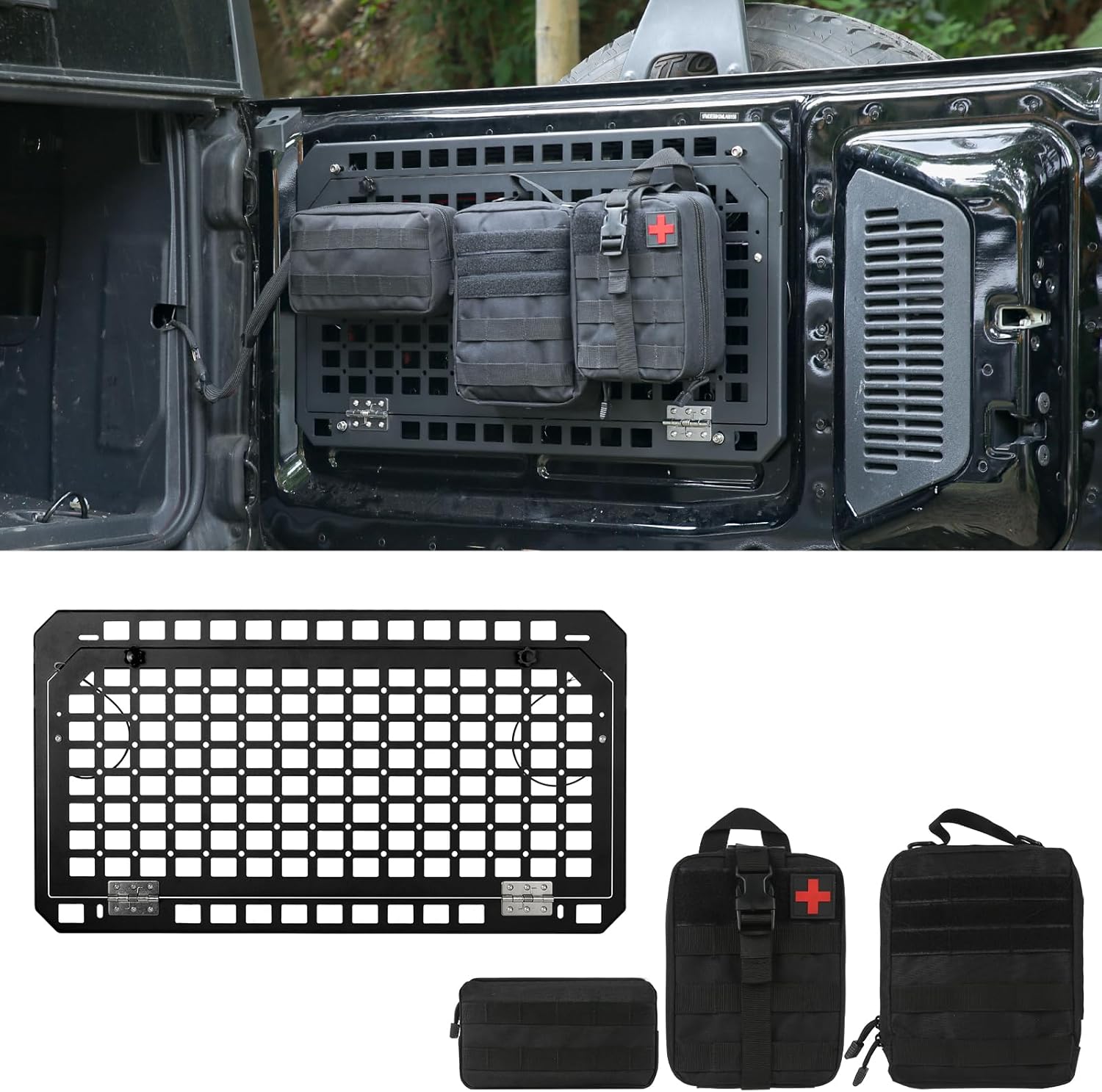 for Ford Bronco 2021-2024 Tailgate Table Rear Foldable Storage Cargo Rack with 3 Storage Bags Storage Shelf Molle Panel(Not fit Bronco Sport)