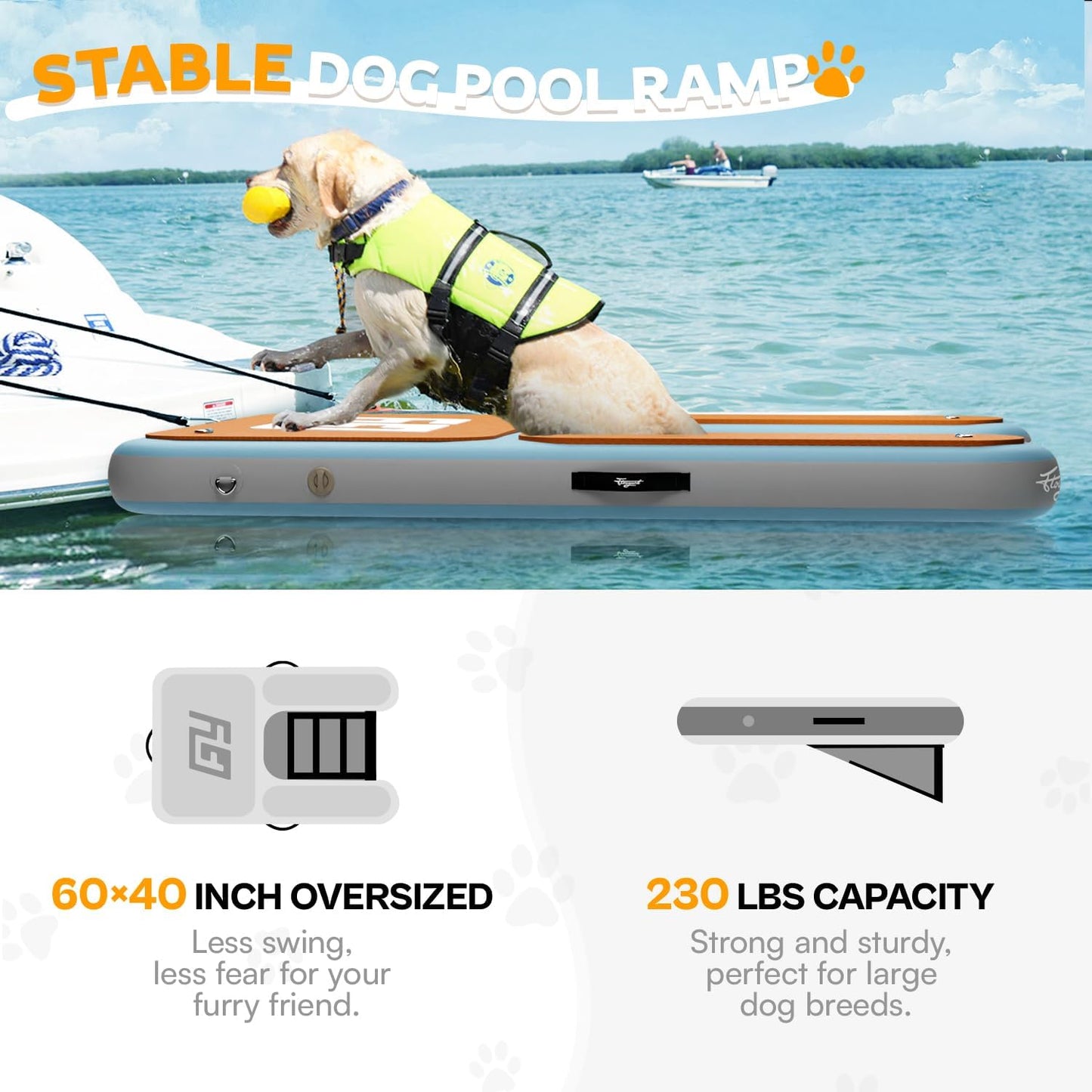 Dog Pool Ramp | 60×40" Pet Water Ramp | Dog Boat Ladder for Large Dogs Up to 230lbs | 95% Large Area EVA Covered | Claw-Friendly & Stable | Inflatable Pup Plank for Lakes, Pools, Boats
