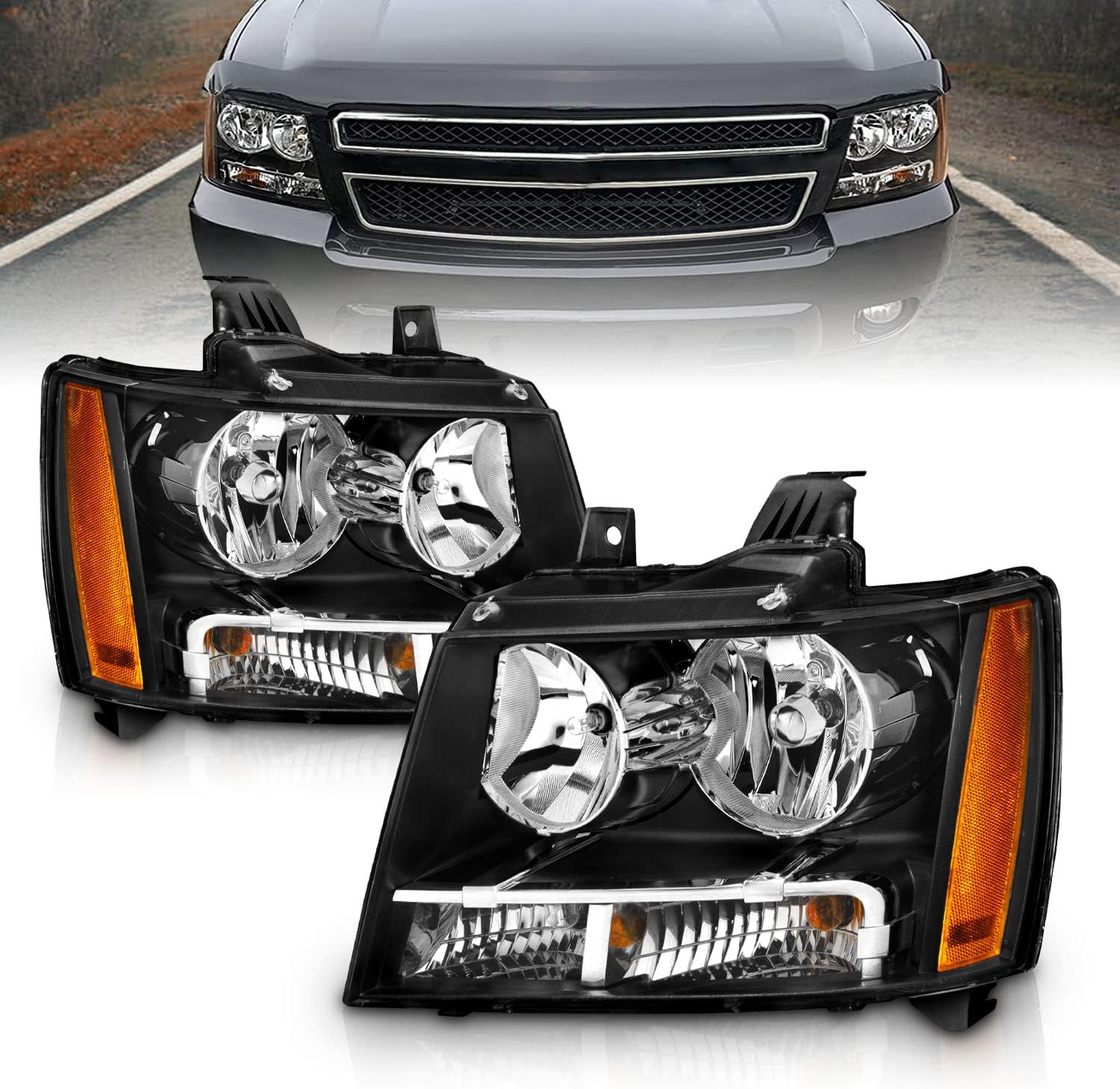 Halogen Car Headlight Pair With Bulbs and Harness Replacement For Chevy Tahoe Suburban Avalanche - OHMU