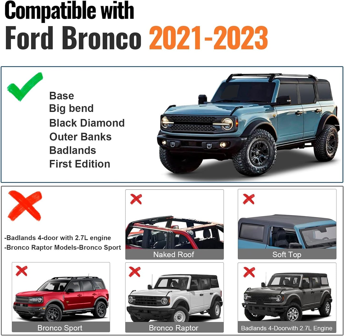 5PCS Crossbars Rooftop Cargo Luggage for 2021-2024 Ford Bronco 2/4 Door - OHMU
