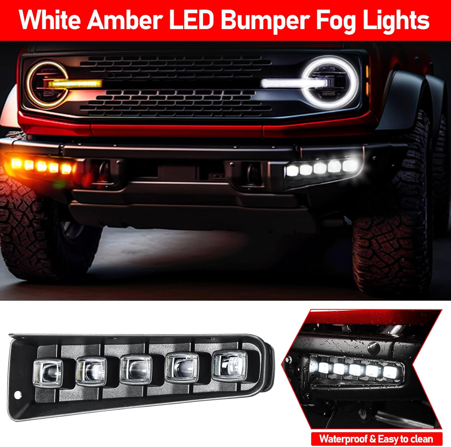 Fog Lights Assemblies Compatible with Ford Bronco 2024 2023 2022 2021 Accessories,White Amber Modular Bumper Fog Lights Kit for Bronco 2/4-Door,Front Bumper Daytime Running Lights Accessories