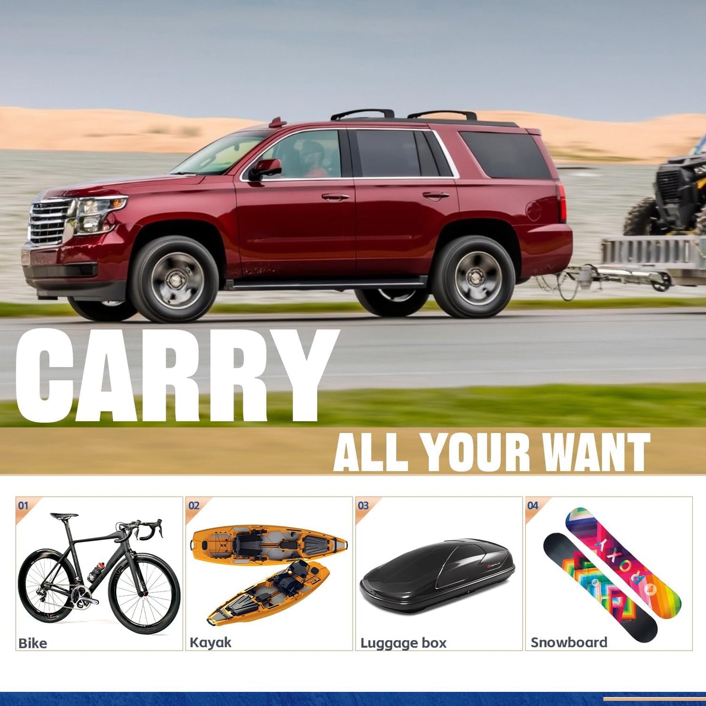 220 LBS Cross Bars Fit for 2015-2020 Chevrolet Suburban & Tahoe, GMC Yukon & Yukon XL, Cadillac Escalade & Escalade ESV Black Roof Rack Crossbars Luggage Carrier Bars