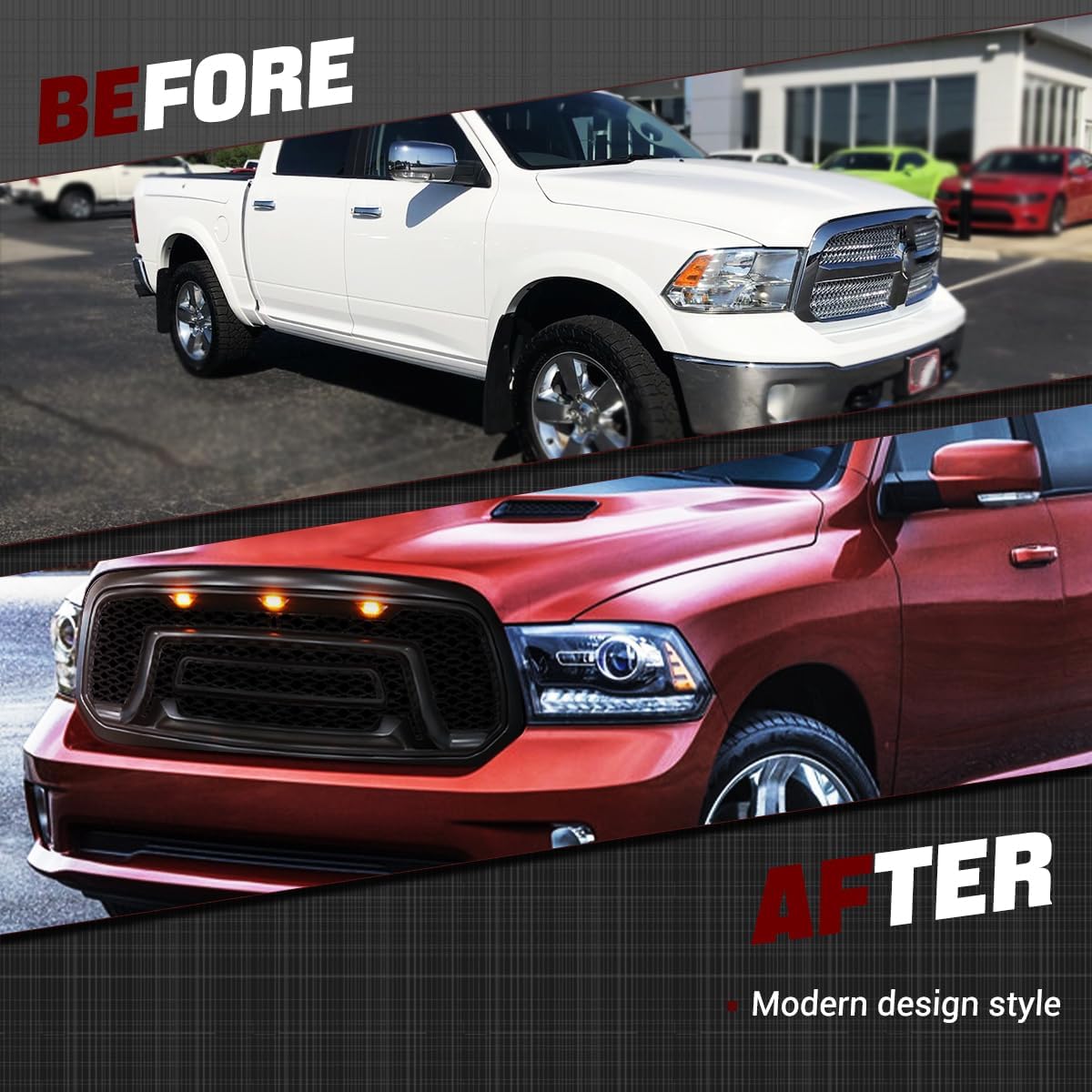 Grille Compatible with Ram 1500 2013-2018 Front Grill Fits Ram 1500 with Off Road Lights Replacement Bumper Grille with Letters Matte Black (Matte)