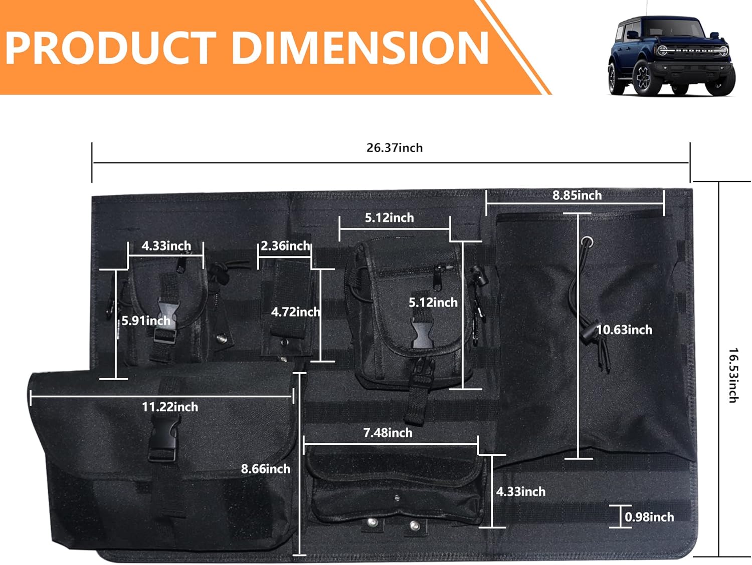 Tailgate Storage Bag for 2021 2022 2023 2024 2025 Ford Bronco 2/4 Door Interior Accessories Cargo Tools Organizer Rear Trunk Pockets Detachable Oxford Bags, 7Pcs/Set Black
