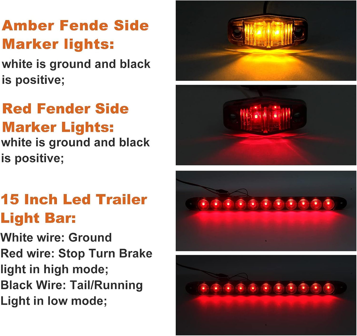 12V Trailer Led Light Kit, 2x Square Led Stop Turn Tail Brake License Plate Running Lights w/ 25ft Wiring Harness/6x Mini Marker Lights/15" 11LED Trailer Tail Brake Light Bar/License Plate Bracket
