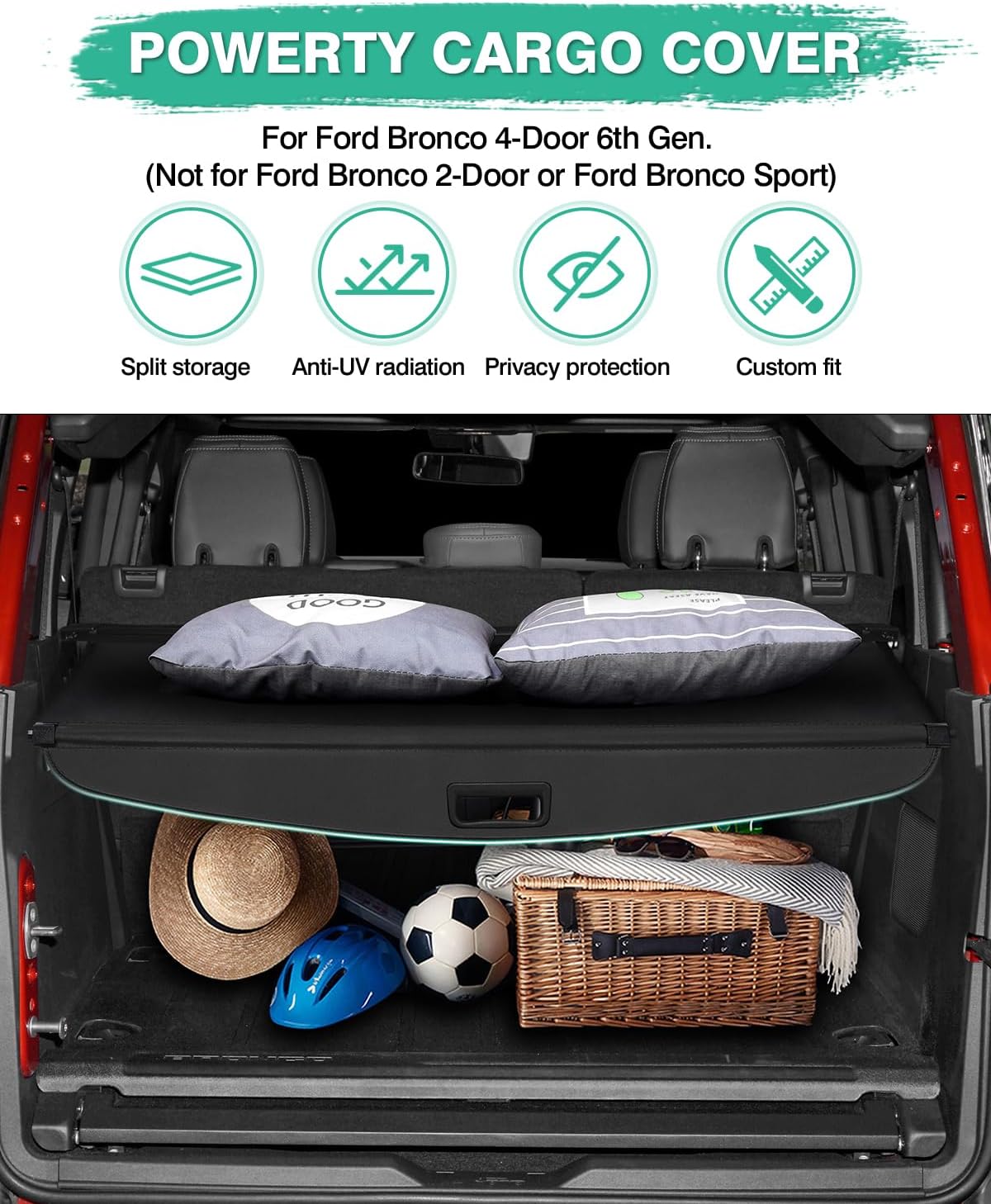 Powerty Cargo Cover for Ford Bronco 4-Door Soft Hard TOP 2021-2024 2025 Accessories Trunk Cover Retractable Trunk Cover Security Shielding Shade Punch-Free (Not for Bronco Sport)