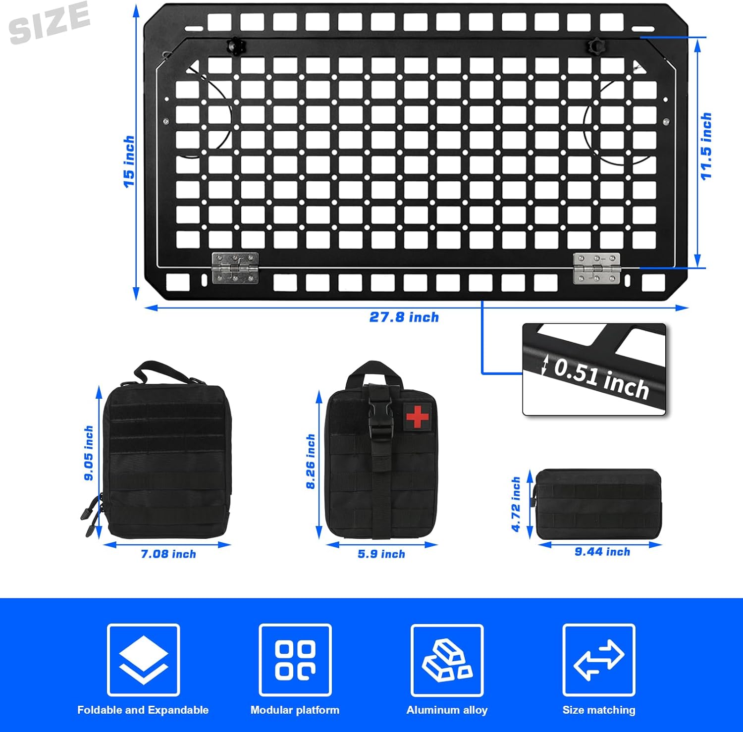 for Ford Bronco 2021-2024 Tailgate Table Rear Foldable Storage Cargo Rack with 3 Storage Bags Storage Shelf Molle Panel(Not fit Bronco Sport)