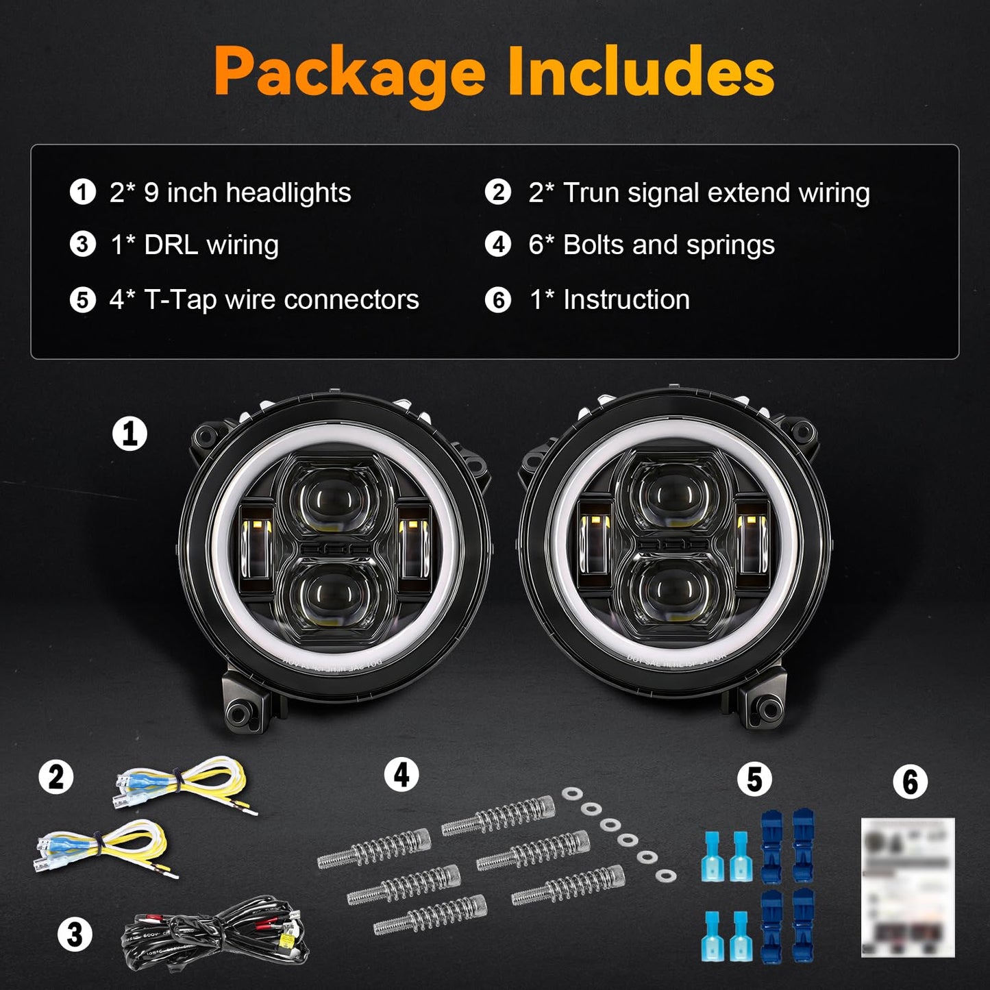 9" Round LED Headlight: DRL, Hi/Lo Beam, Amber Turn Signal