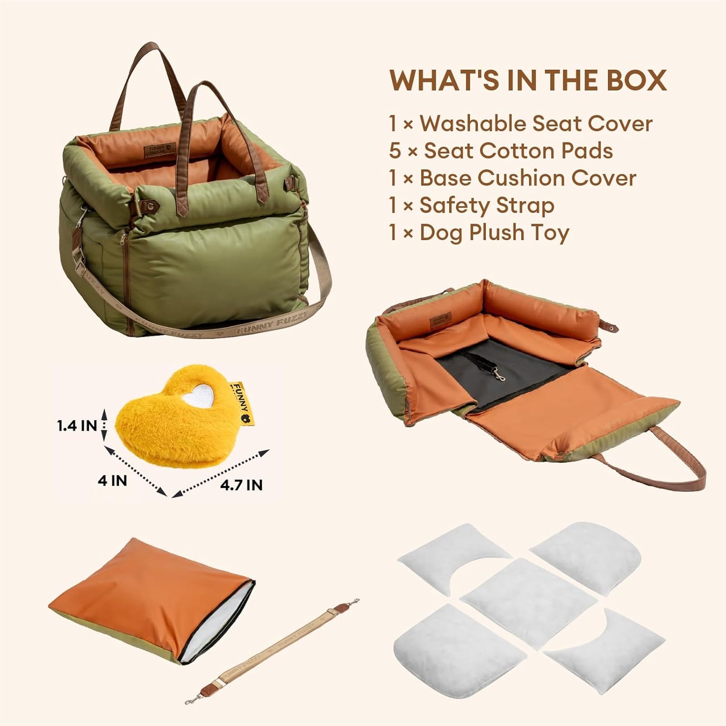 FUNNYFUZZY Leather Dog Car Seat for Small & Medium Sized Dogs Up to 35lbs, Waterproof and Washable Dog Booster Seat Car Bed for Travel and Home,Portable and Safety(Green)