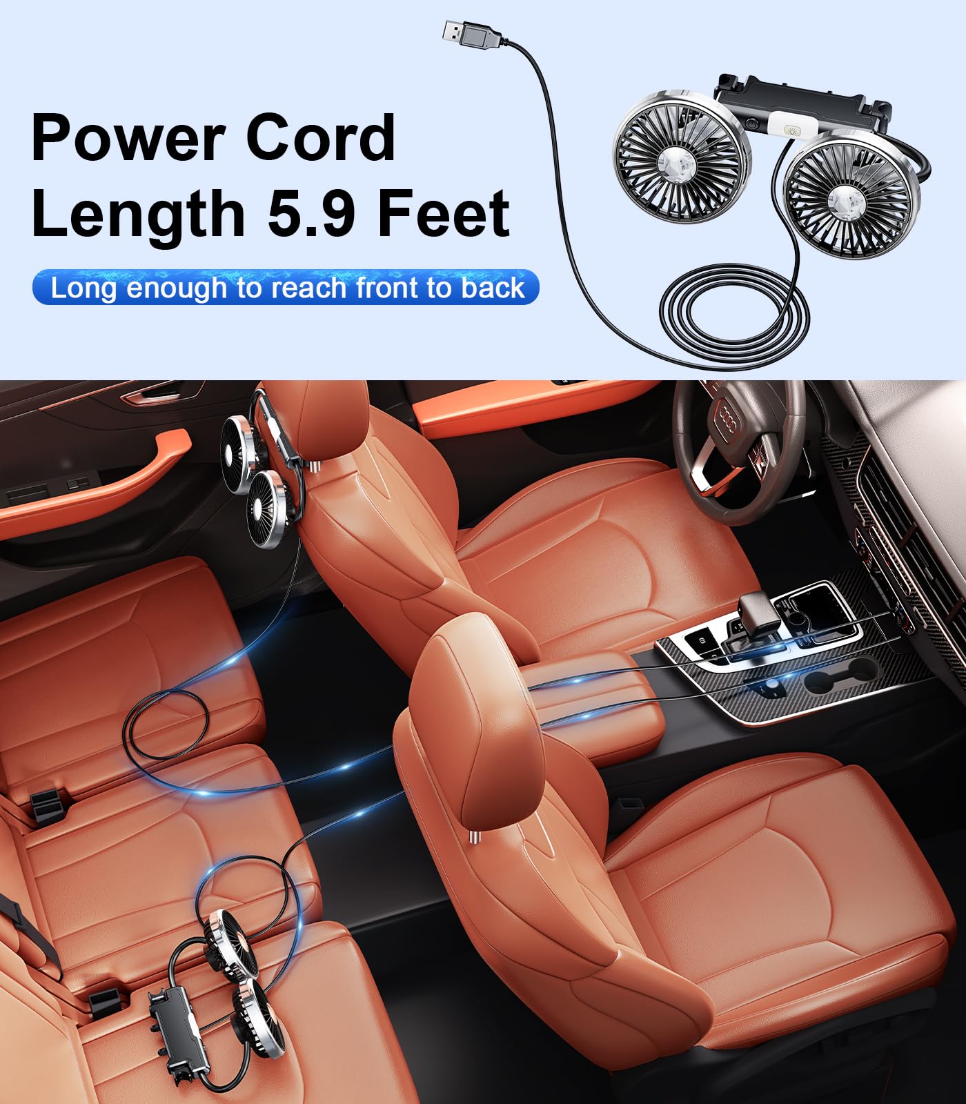 Dual Head Gooseneck Car Fan for Back Seat Cooling