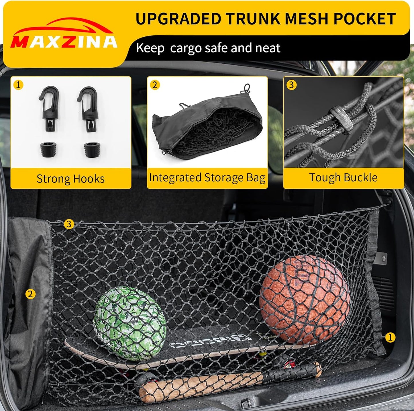 Cargo Net Compatible with 2015-2025 Chevy Tahoe Truck Bed Cargo Net 3.15'×0.92' Double Layer Envelope Style Dense Mesh Trunk Organizer for 2024 Tahoe Exterior Accessories