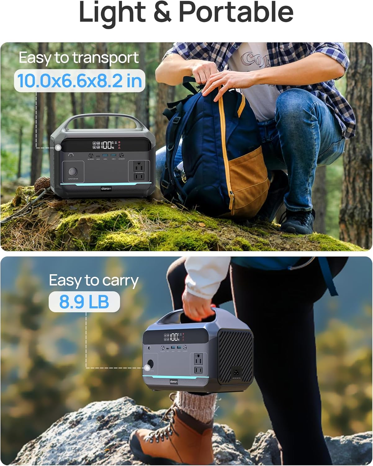 Portable Power Station 600W, 288Wh LiFePO4 Battery Backup Power w/ 2 600W(1200W Surge) AC Outlets, 2.2H Fast Charging, Solar Generator for Outdoor Camping/RVs/Home Use(Solar Optional)