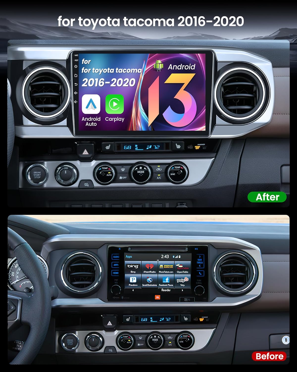 Car Radio Stereo for Toyota Tacoma 2016-2020: 4Core + 64G 10.1" 1280x800 HD Touchscreen Replacement with Backup Camera Wireless Carplay Android Auto Mirror Link GPS Bluetooth FM SWC