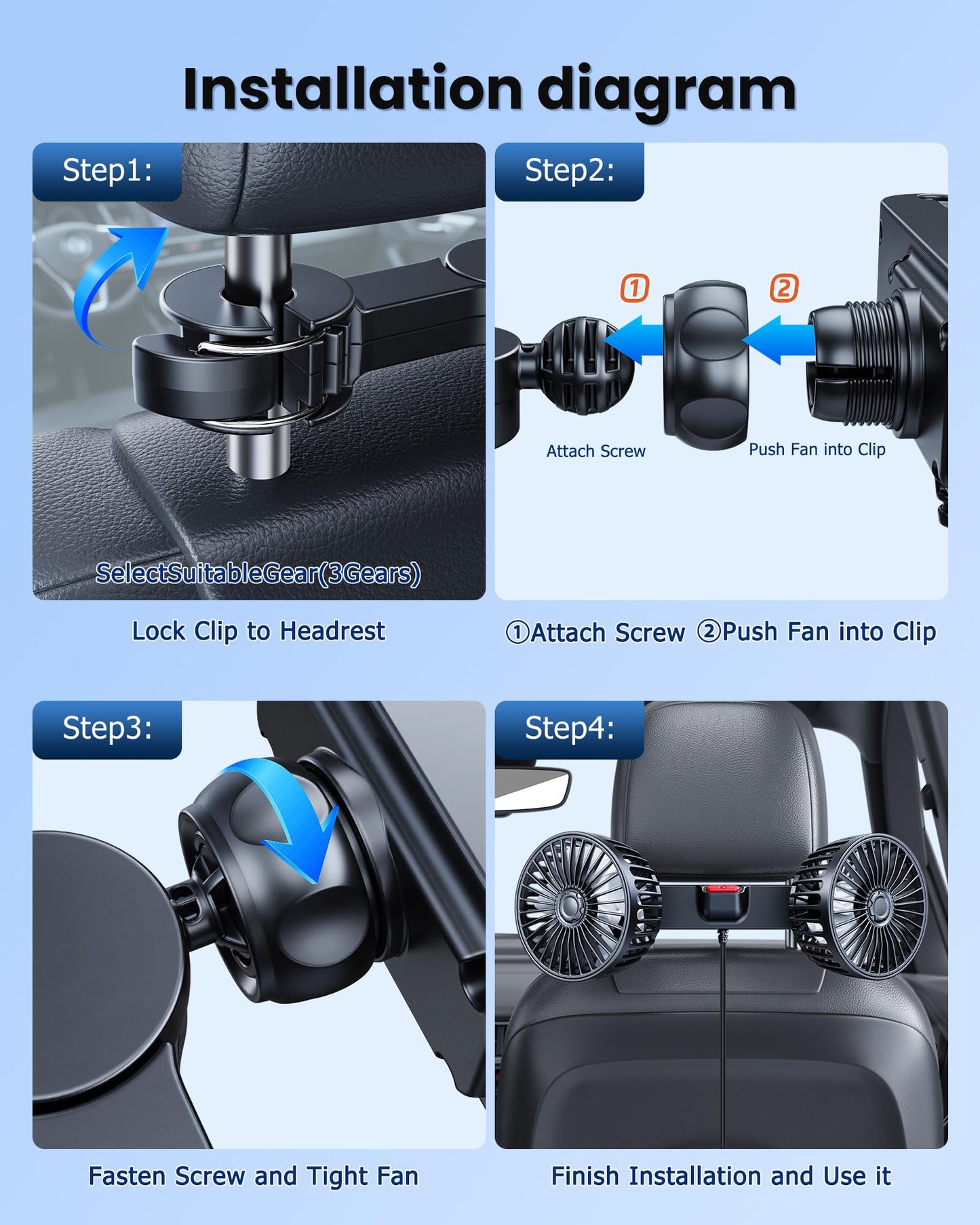 Dual-Head Car Fan for Back Seats, 360° Rotation, USB Powered
