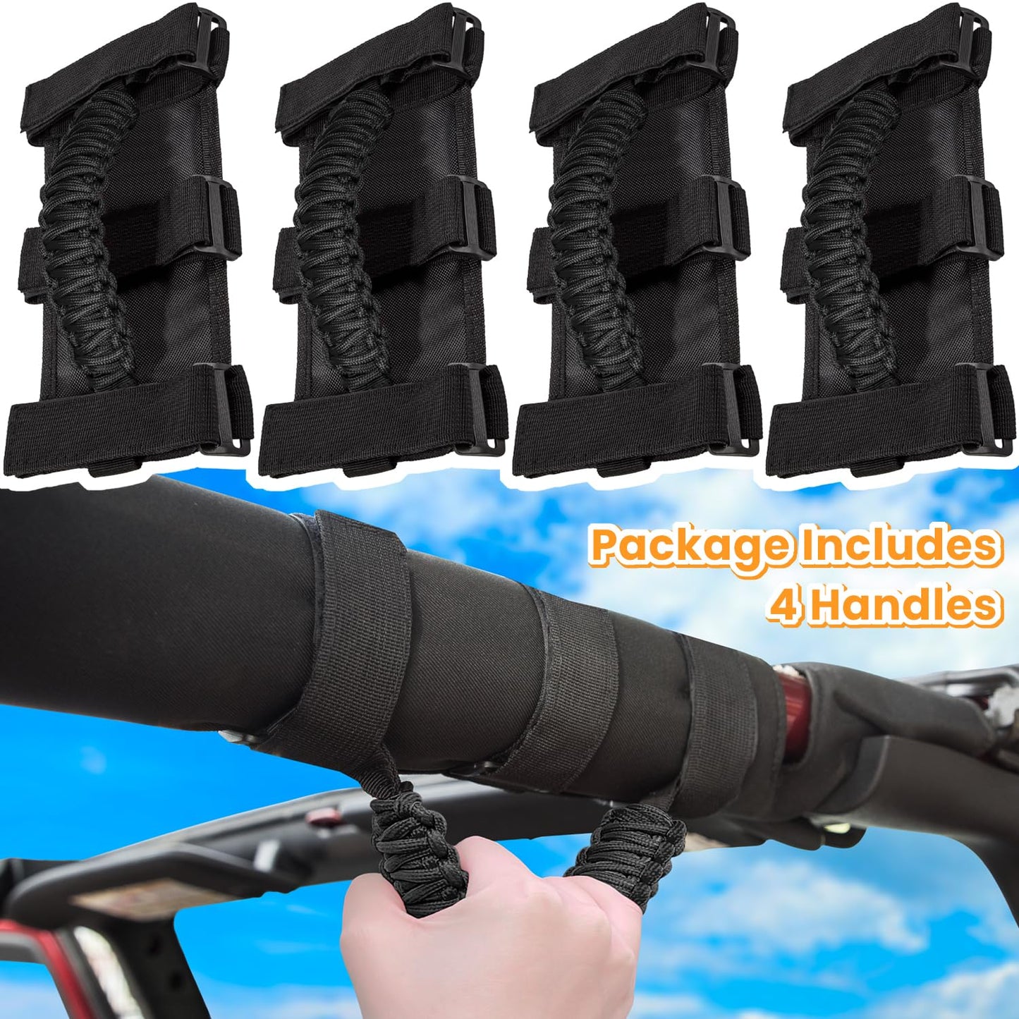 4-Pack Roll Bar Grab Handles for Jeep Wrangler & Gladiator (1955-2023, Black)
