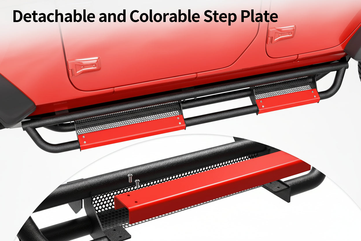 6" Running Boards for 2018-2026 Jeep Wrangler JL 4-Door - Black & Red