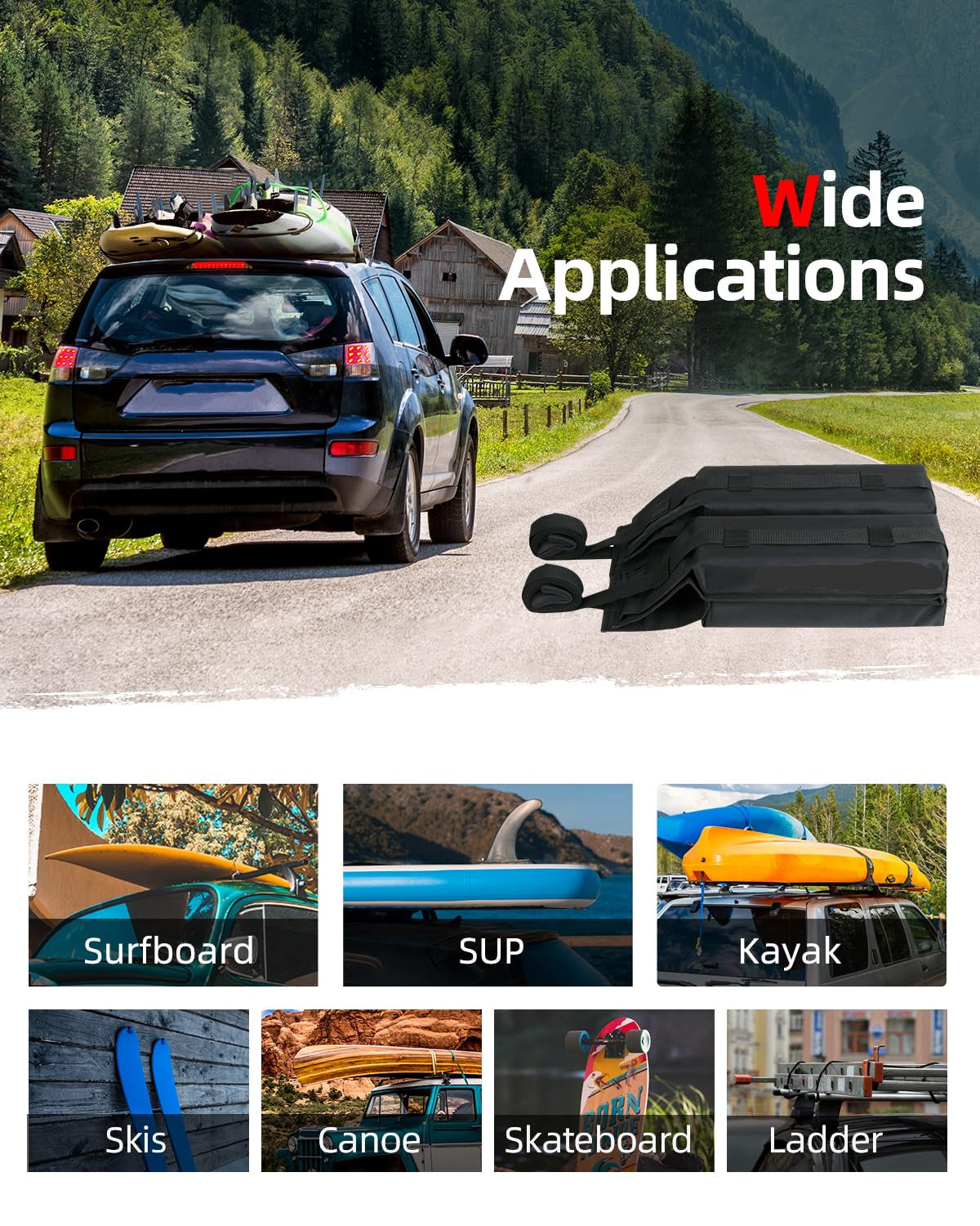 Soft Roof Rack Pads Kit (30") for Surfboard/Kayak - 2 Straps/Ropes/Hood Loops, Storage Bag Included