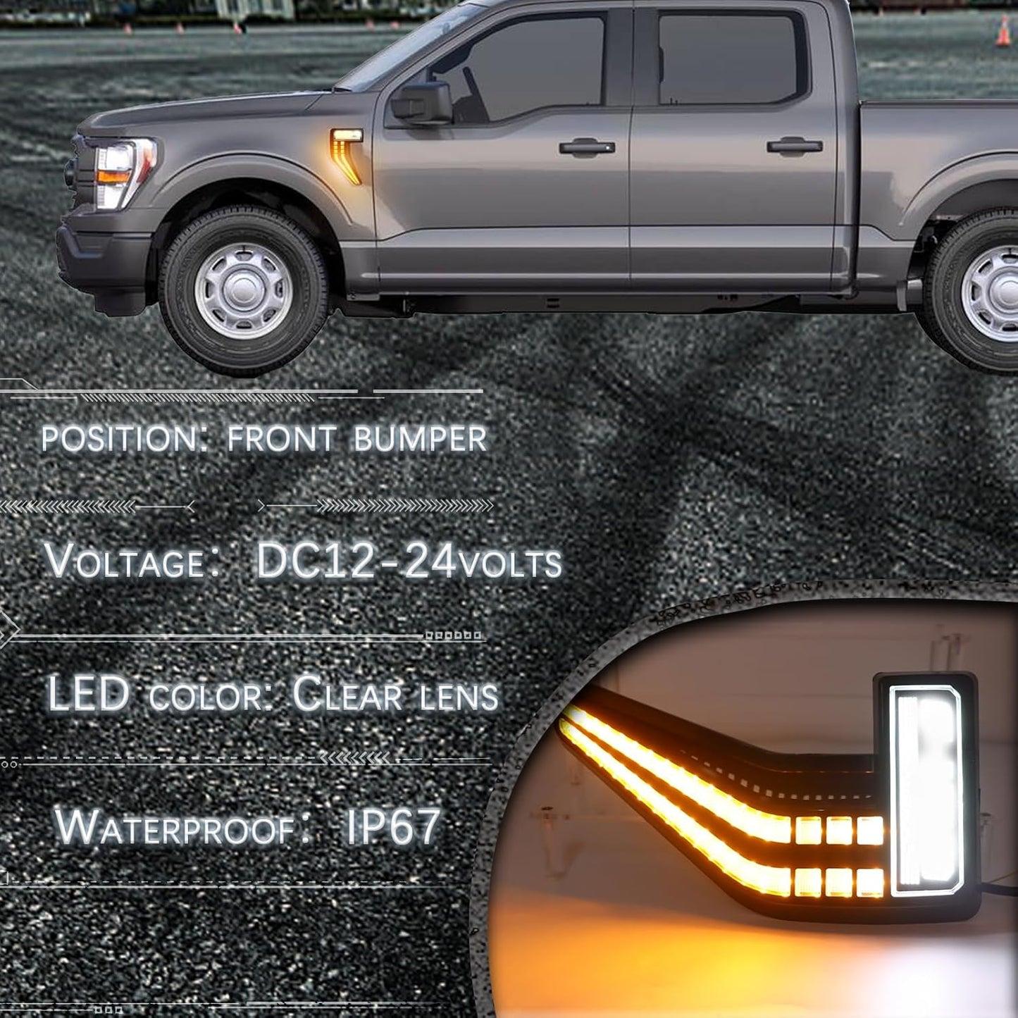 Led Fender Side Marker Lights Assembly, 2 Pcs Amber Front Fender Lamp Kit for Ford F150 for F-150 2021-2025 Pickup,Function as Amber Sequential Turn Signal Light & Daytime Running Light