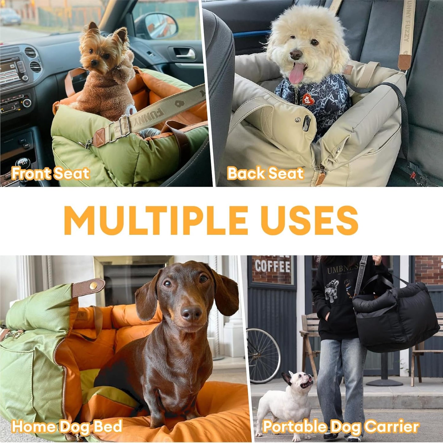 FUNNYFUZZY Leather Dog Car Seat for Small & Medium Sized Dogs Up to 35lbs, Waterproof and Washable Dog Booster Seat Car Bed for Travel and Home,Portable and Safety(Green)