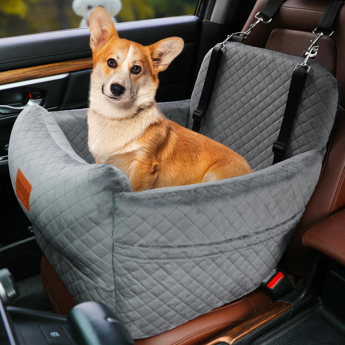 Memory Foam Dog Car Bed with Seat Belt, Non-Slip, Washable