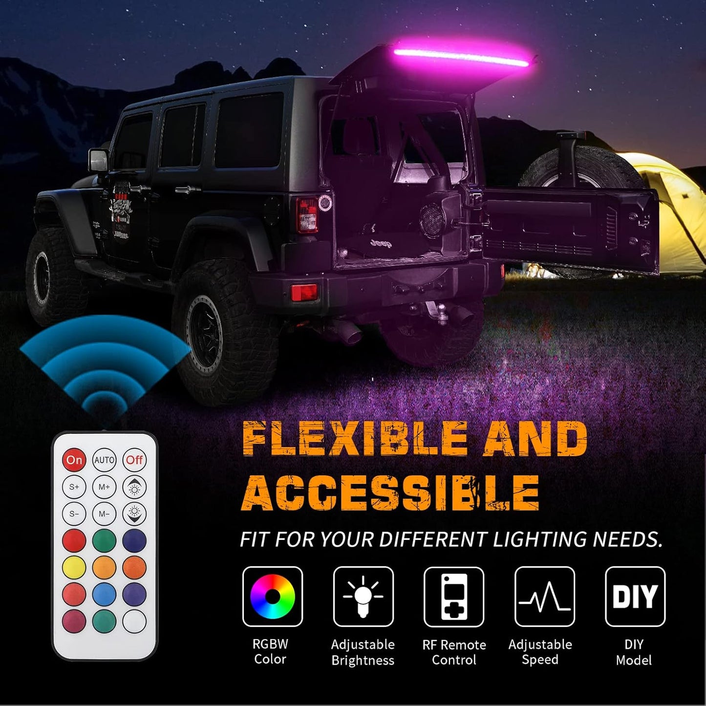 40" RGBW Rear Window Light Strip with Remote for Jeep Wrangler - Cargo & Camping