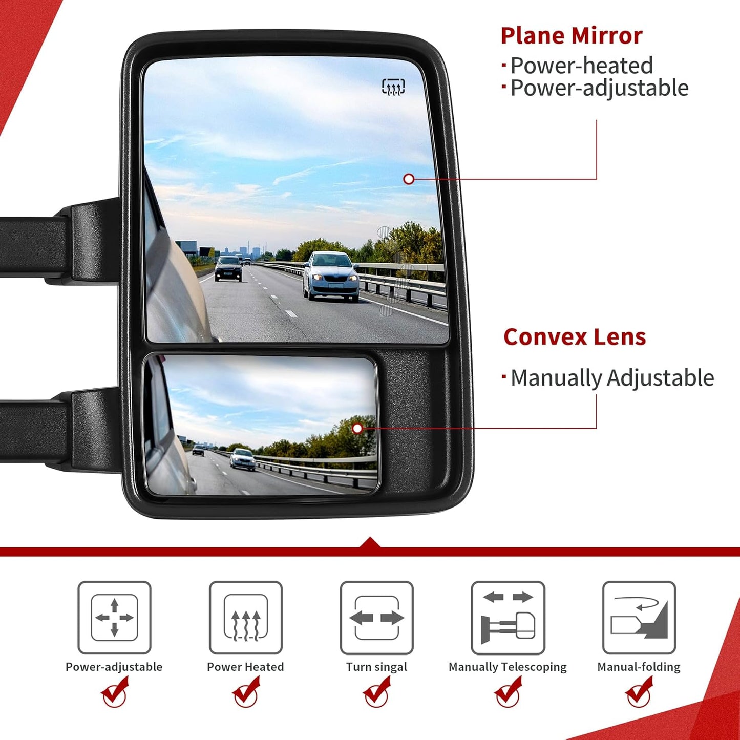 YITAMOTOR Towing Mirrors Side Mirror Compatible with 1999-2016 Ford F250 F350 F450 F550 Super Duty, Power Heated Manual Telescoping Foldable Arrow LED Turn Signal Light Smoke