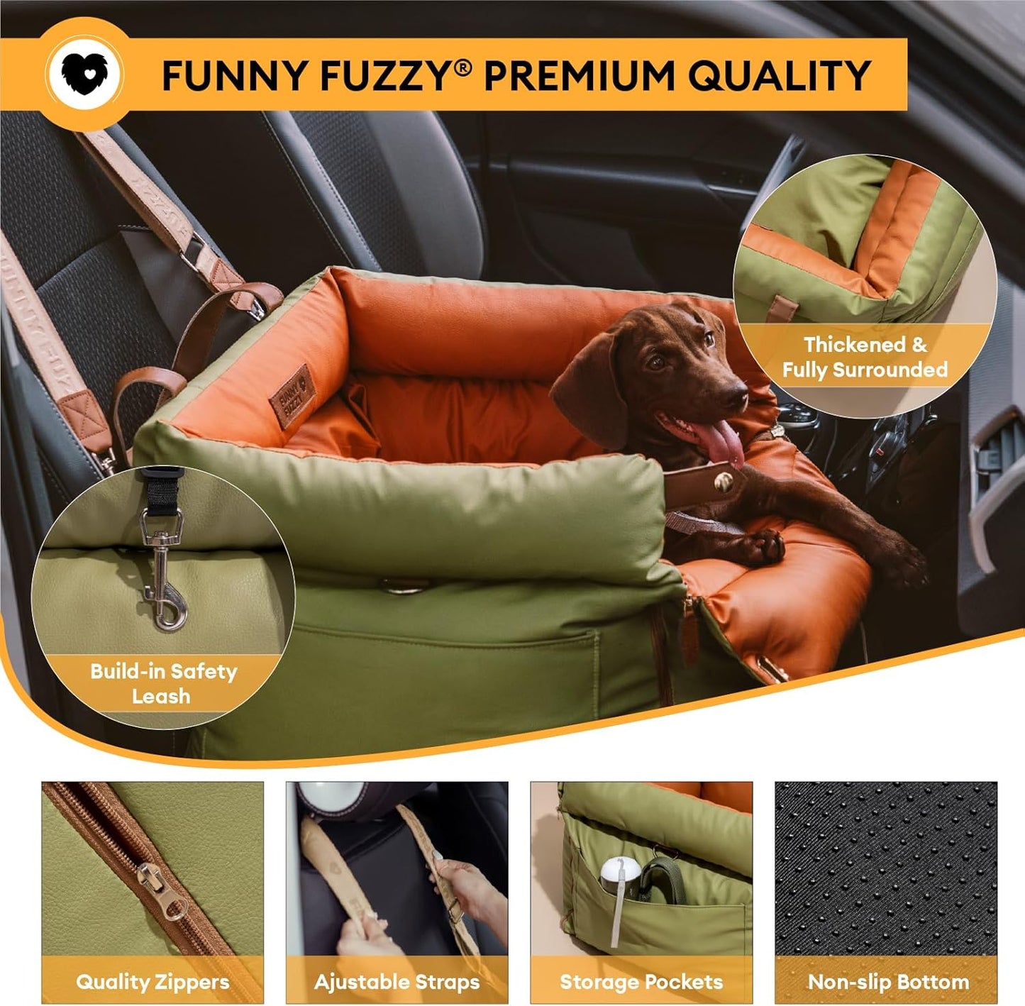 FUNNYFUZZY Leather Dog Car Seat for Small & Medium Sized Dogs Up to 35lbs, Waterproof and Washable Dog Booster Seat Car Bed for Travel and Home,Portable and Safety(Green)