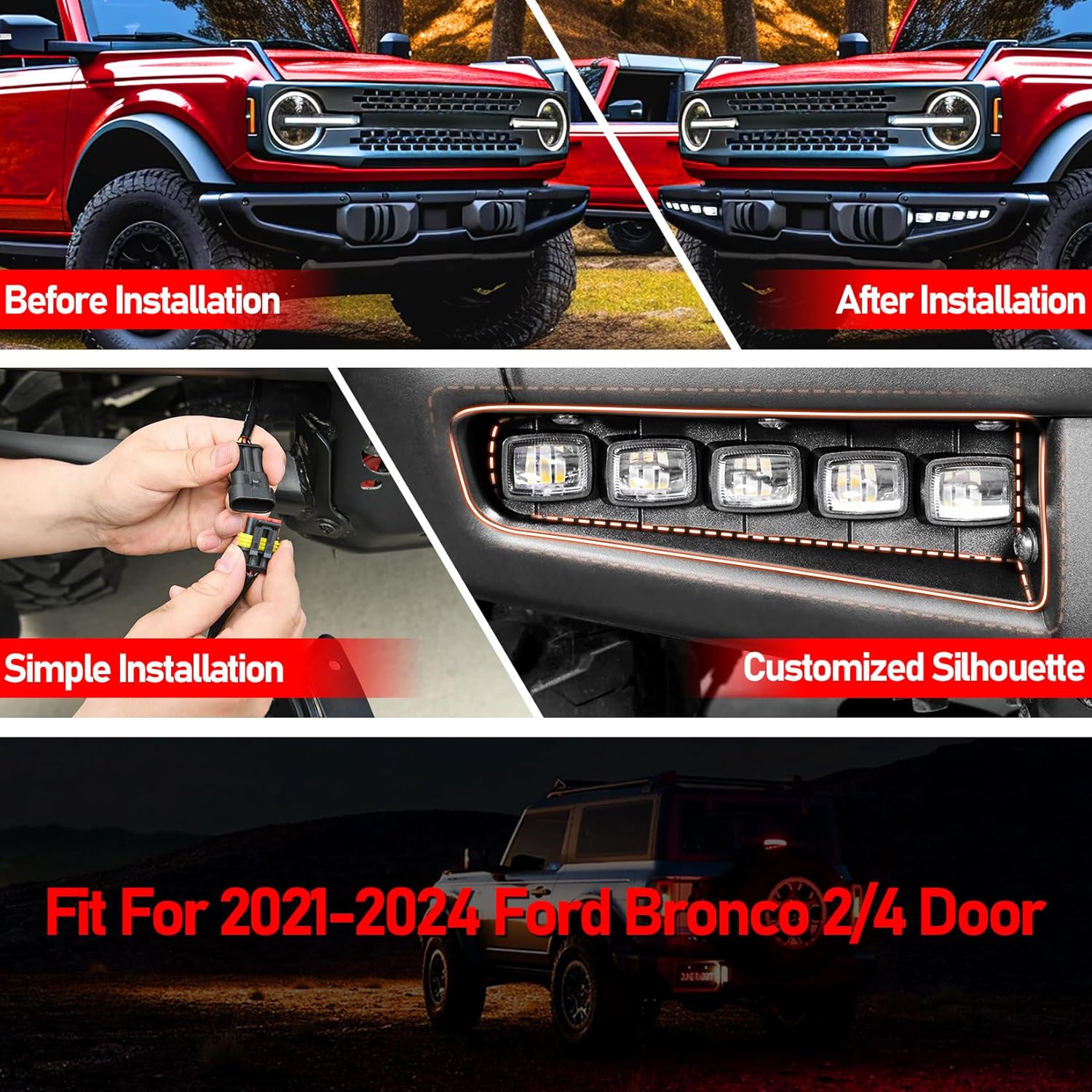 Fog Lights Assemblies Compatible with Ford Bronco 2024 2023 2022 2021 Accessories,White Amber Modular Bumper Fog Lights Kit for Bronco 2/4-Door,Front Bumper Daytime Running Lights Accessories