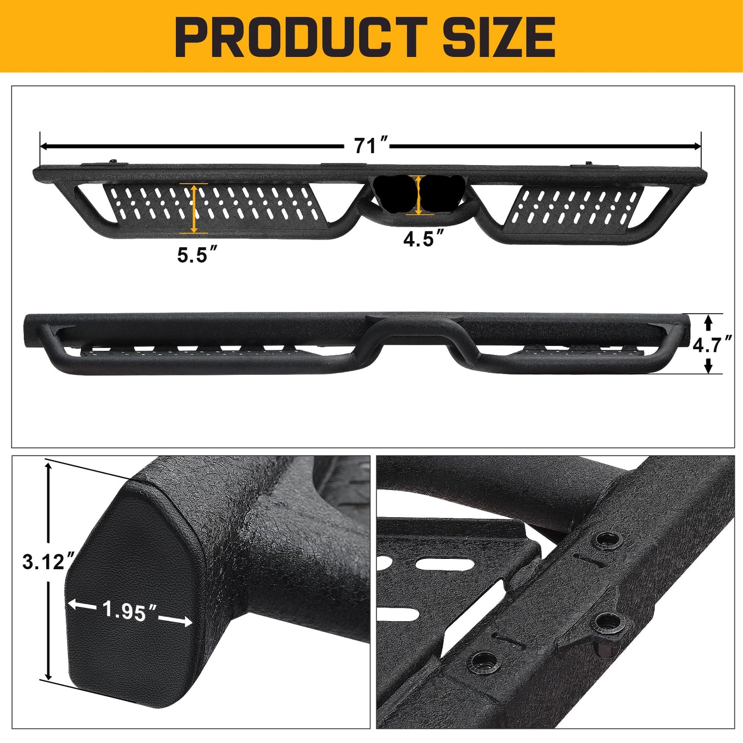 Black Running Boards for 2018-2026 Jeep Wrangler JL 4-Door