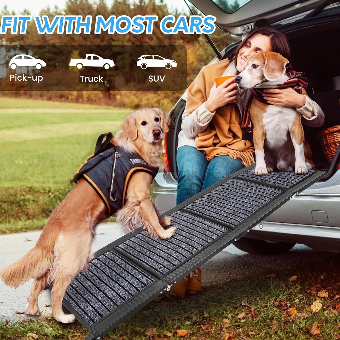 63"x17" Folding Dog Ramp - Non-Slip, Side Handle, Portable for SUV/Truck/Car
